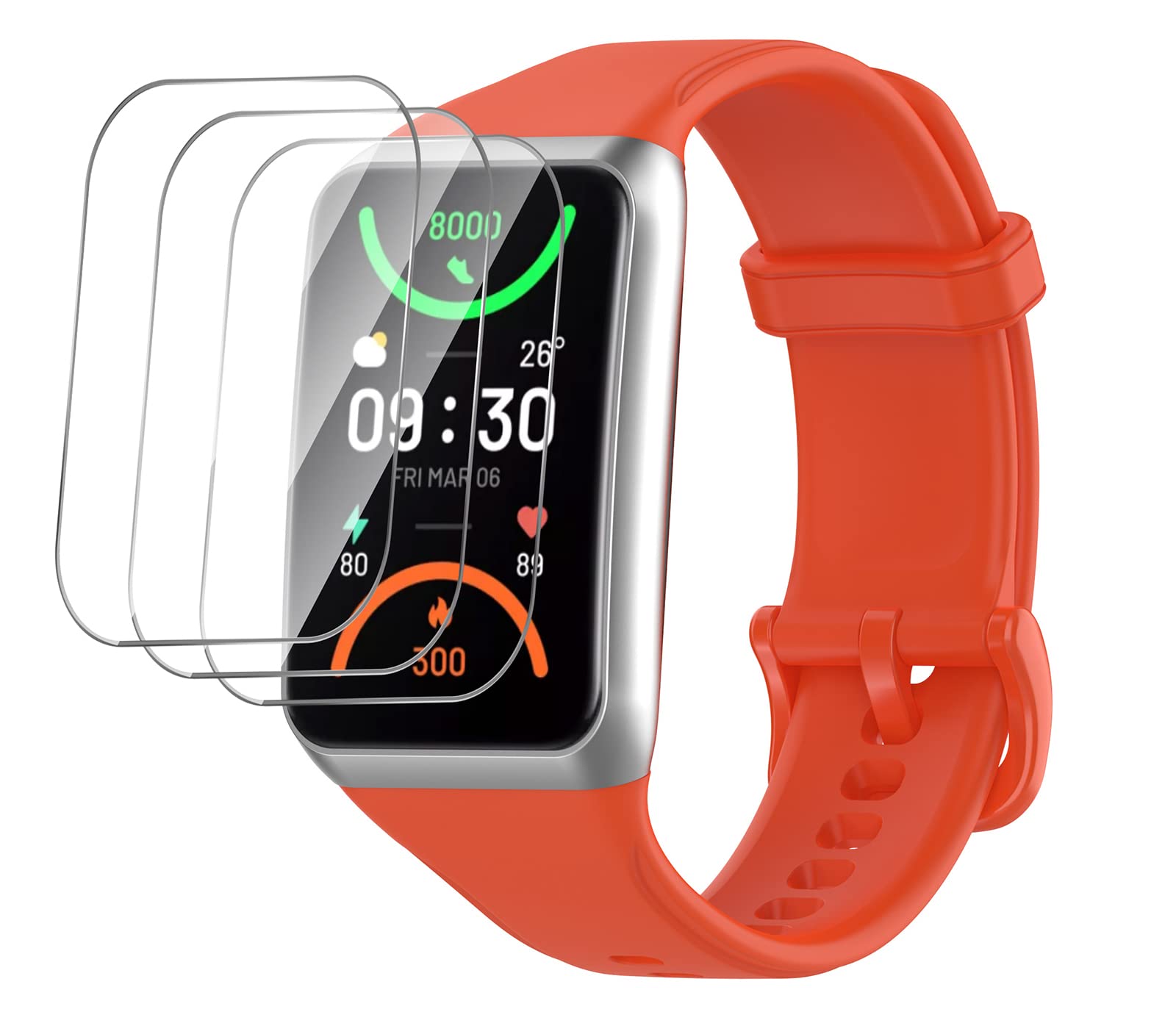 GIOPUEY Cinturini per Amazfit Band 7, Morbido Silicone Cinturino + 3 Pezzi Pellicola Protettiva, [Resistente all'Usura] [Traspirante] - Orange