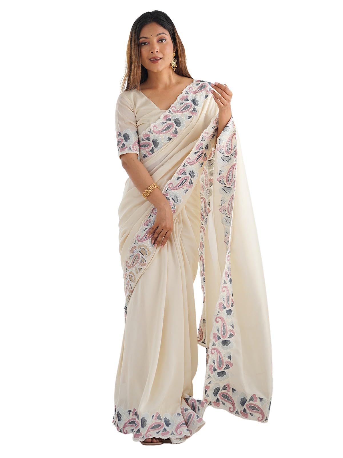 Satrani Women's Silk Blend Embroidery Saree With Unstitched Blouse Piece (4135S146N_Ivory)