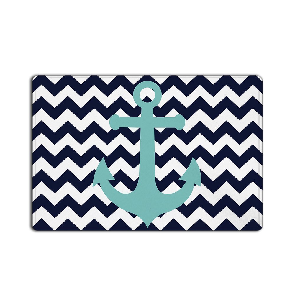 EZON-CH Modern Non Slip Nautical Anchor On Navy Blue Chevron Home Bathroom Bath Shower Bedroom Mat Toilet Floor Door Mat Rug Carpet Pad Doormat(16X24IN)