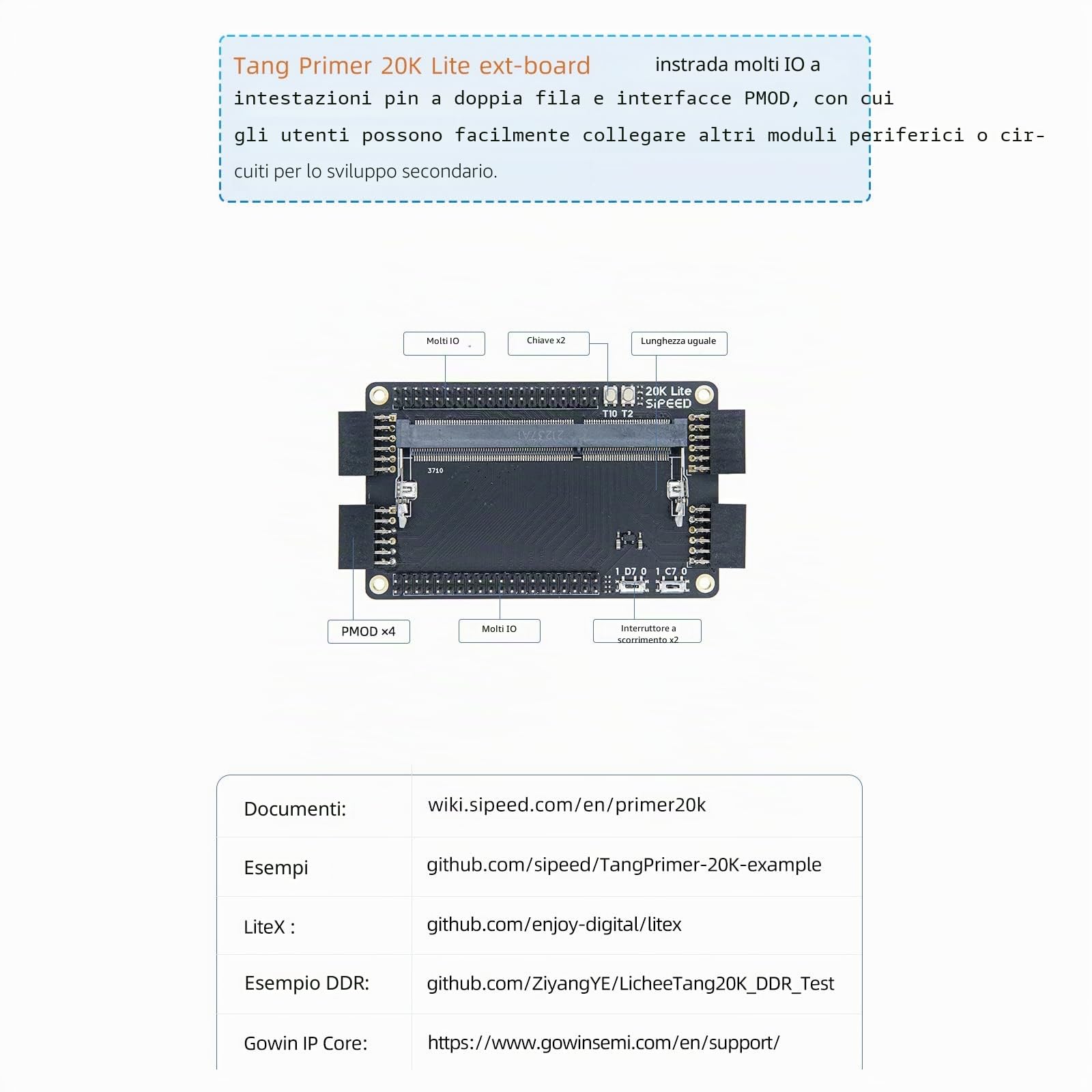youyeetoo Sipeed Tang Primer 20K FPGA Scheda di sviluppo MCU, con LUT4, Porta PMOD *4, per RISC-V e sviluppo embedded (con Dock scheda esterna)