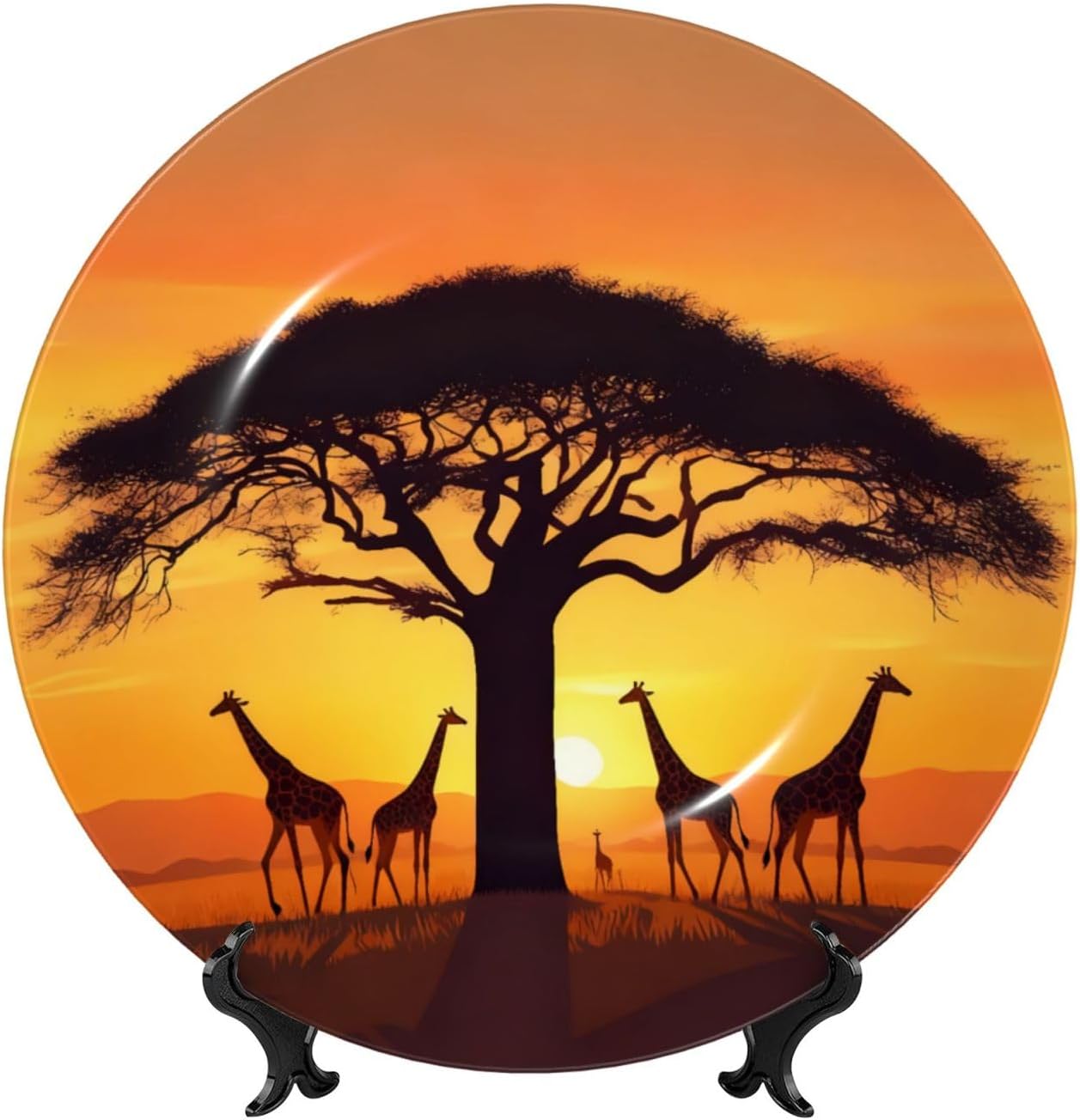 Giraffe Sunset Style Ceramic Plate Display Decorative Plate With Stand Wall Hanging Plate For Home Decor 10 Inch