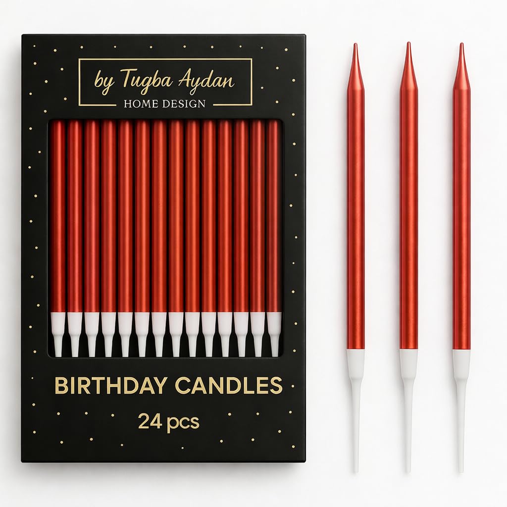 By Tuğba Aydan Home Design Red By Tugba Aydan - 24 Count Long Thin Birthday Candles, Metallic Cake Candle For Birthday, Party Candles