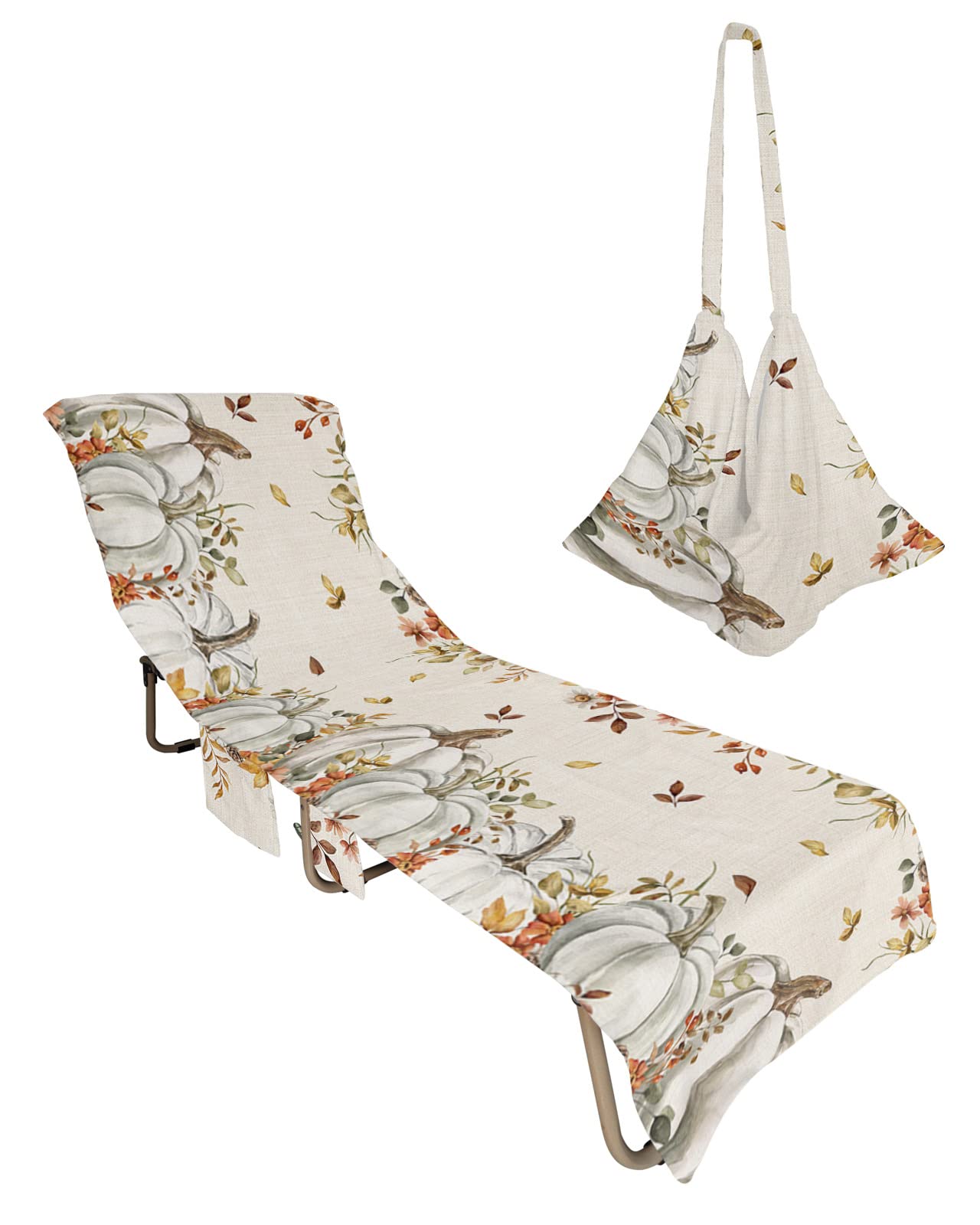 Autumn Pumpkin Beach Chair Towel Covers for Chaise Lounge with Side Pocket, Soft Plush Pool Towels Cover for Patio Sunbathing Outdoor 29''x85'' Fall Eucalyptus Wildflower Thanksgiving