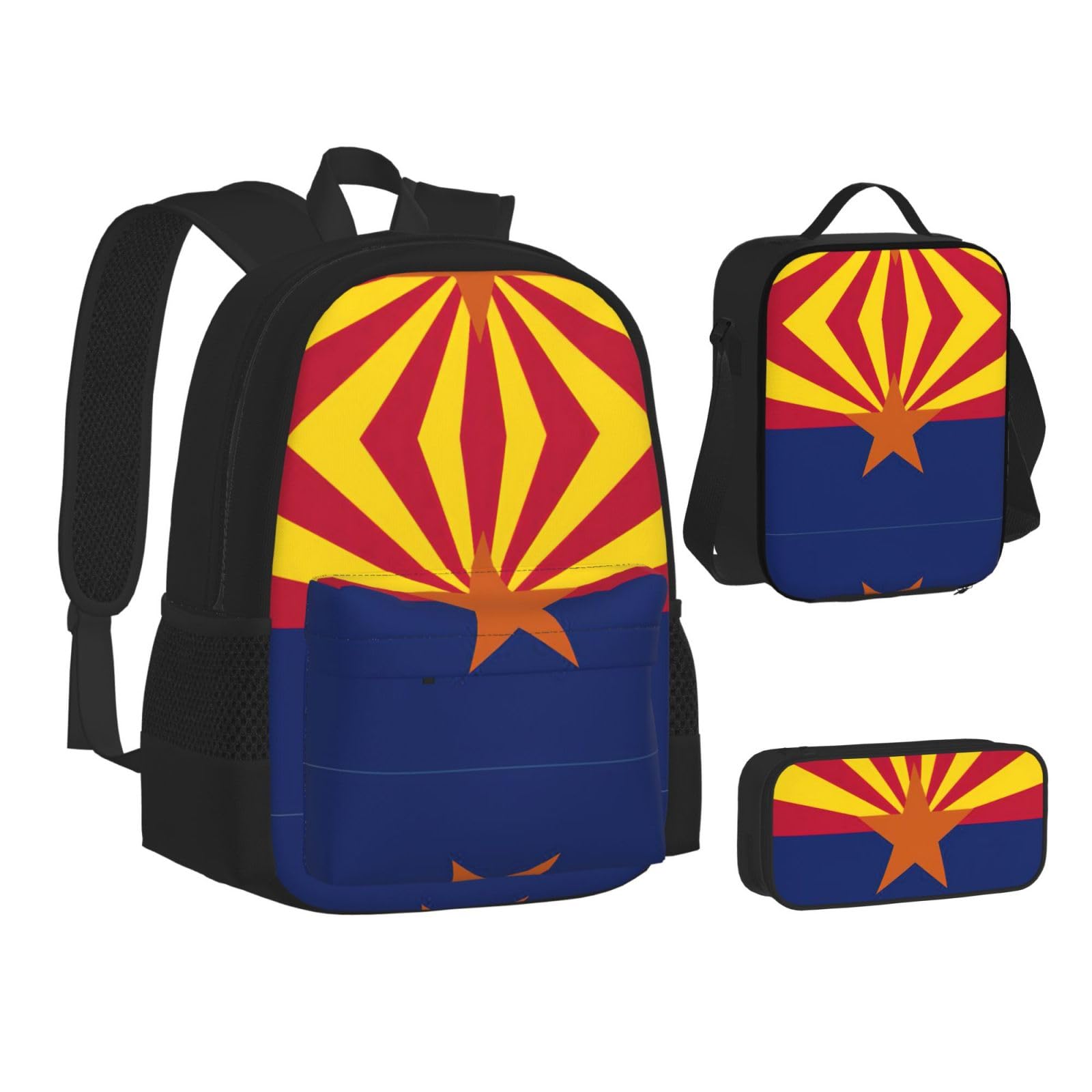 Juego de 3 mochilas escolares con estampado de bandera de Arizona, mochila para laptop resistente al agua de gran capacidad con bolsa de almuerzo aislada y estuche para lápices para