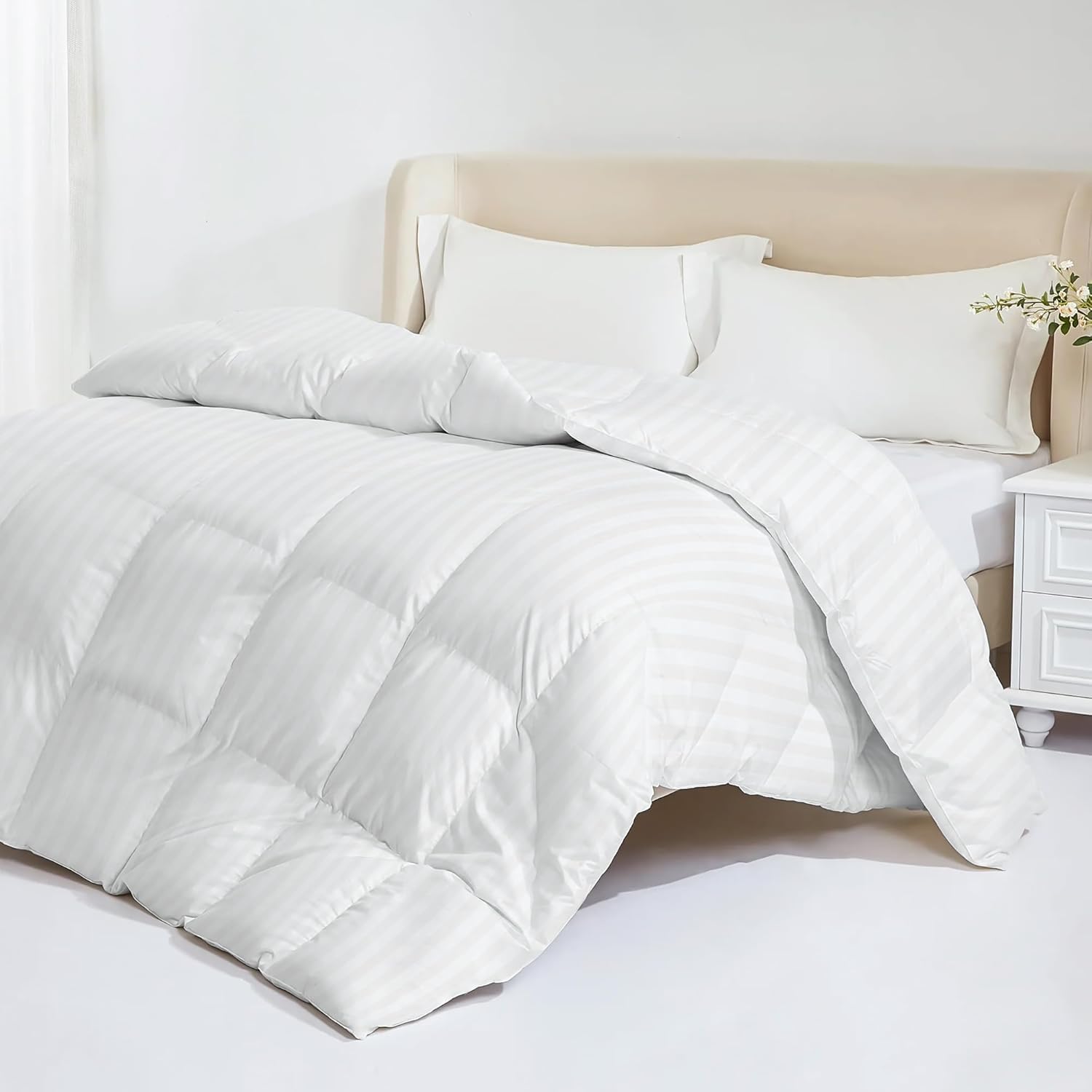 Down Feather Fiber Comforter King Size - All Season Luxury Hotel Duvet Insert, Medium Warmth, 750+ Fill Power Fluffy Premium Comforter with 8 Corner Tabs, White Cotton Cover, 106'' x 90''