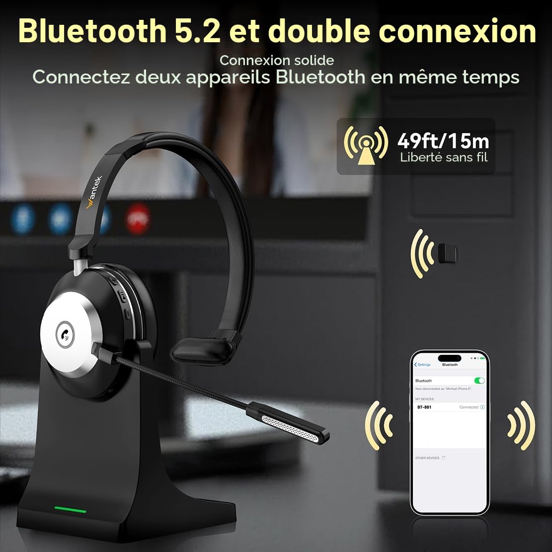 Casque Bluetooth sans fil avec microphone pour PC, casque d'ordinateur V5.2 avec micro antibruit, dongle USB, base de charge et bouton muet pour le travail, les téléphones portables, les ordinateurs