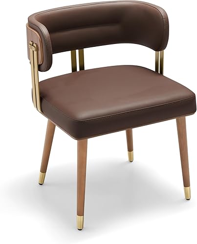 ARTPLAN Silla de comedor de cuero de nogal, moderna silla de cocina tapizada con cojín de espuma de alta resistencia, marco dorado de acero