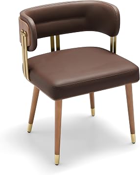 ARTPLAN Walnut Leather Dining Chair - Modern Upholstered Kitchen Chair with High-Resilience Foam Cushion, Stainless Steel Gold Frame for Dining Room, Easy Assembly,Coffee