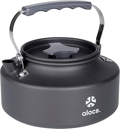 Miniatura 9 de Alocs Tetera de 1.4 L, cafetera portátil para acampar, hervidor de aluminio anodizado duro, hervidor de té compacto para estufa, al aire libre,