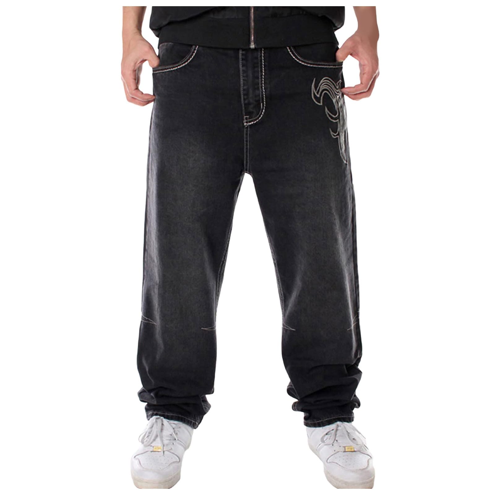 Genérico Vaqueros Verano Hombre, Pantalon Verano Hombre Corte Recto Elástico Suelto Talla Grande Casuales Jeans Lavado Y Desgastado Hip-Hop Jeans Holgados con Bolsillos