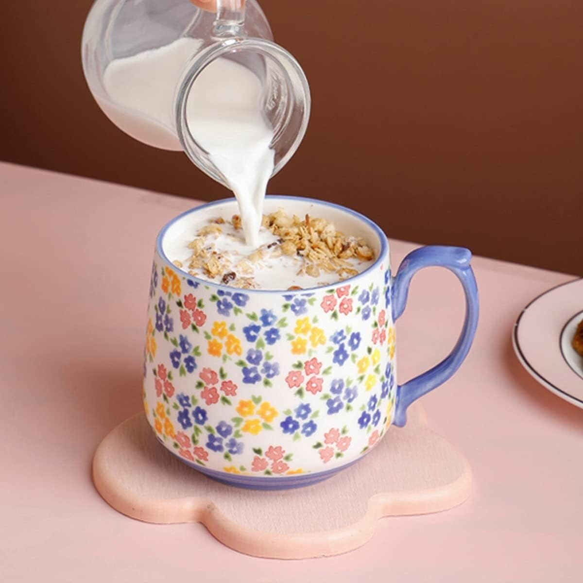 Ceramiczne kubki do kawy Dekoracyjny kubek z ręcznie malowanym wzorem idealny do herbaty, płatków zbożowych, mleka i gorącej czekolady, 15,9 uncji, 1 sztuka(E)