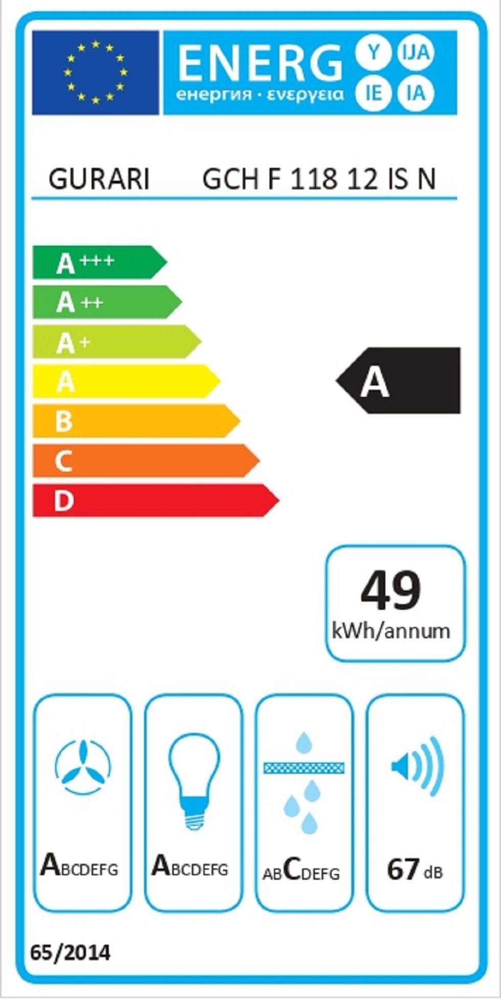 GURARI Hotte murale GCH F 118 12 IS N, hotte aspirante 120 cm, 1000 m³/h, 3 niveaux, acier inoxydable