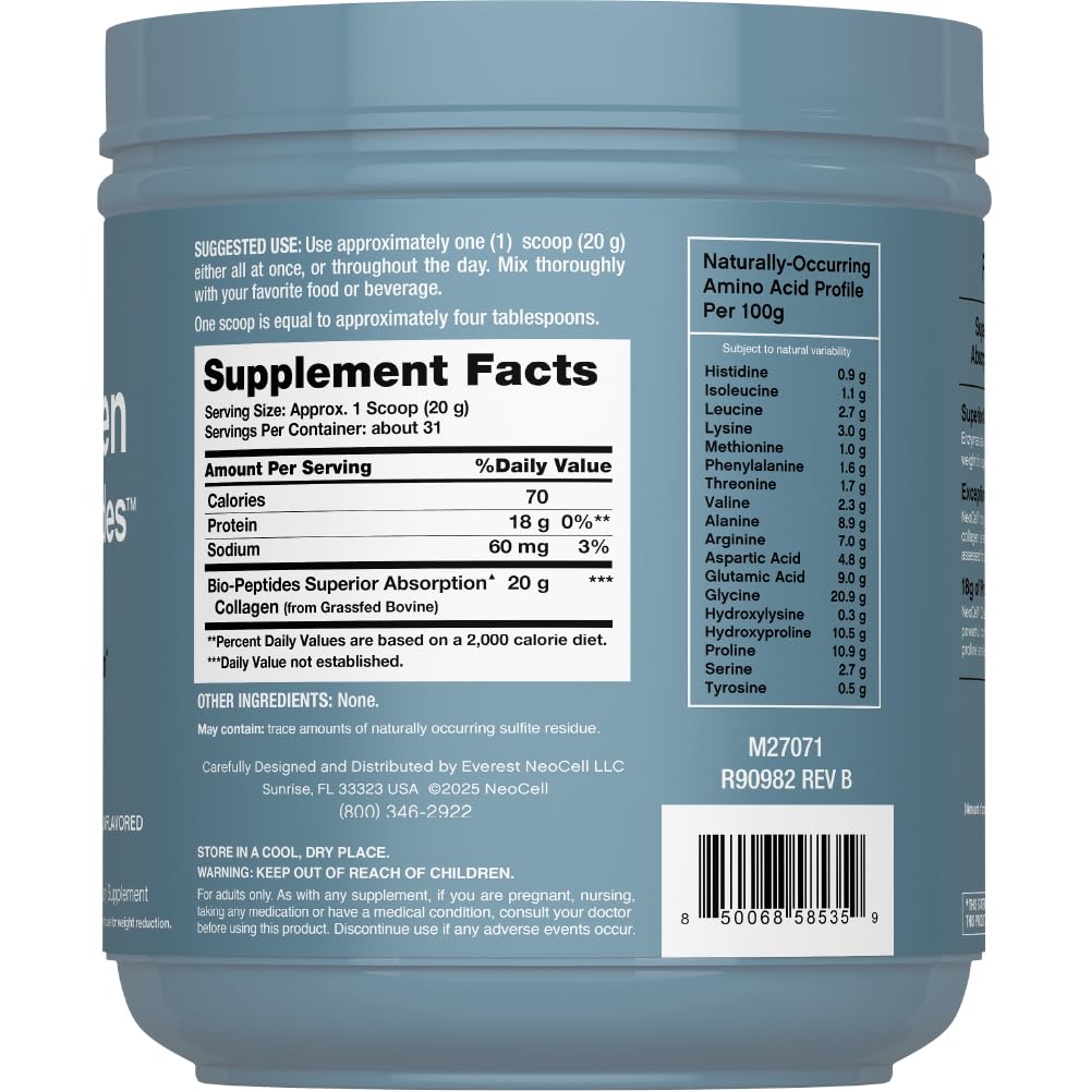 NeoCell Collagen Bio-Peptides Powder | 22oz | Super Hair, Skin, and Nails | Superior Absorption | Grassfed Protein Supplement | Advanced with 18 Essential Amino Acids