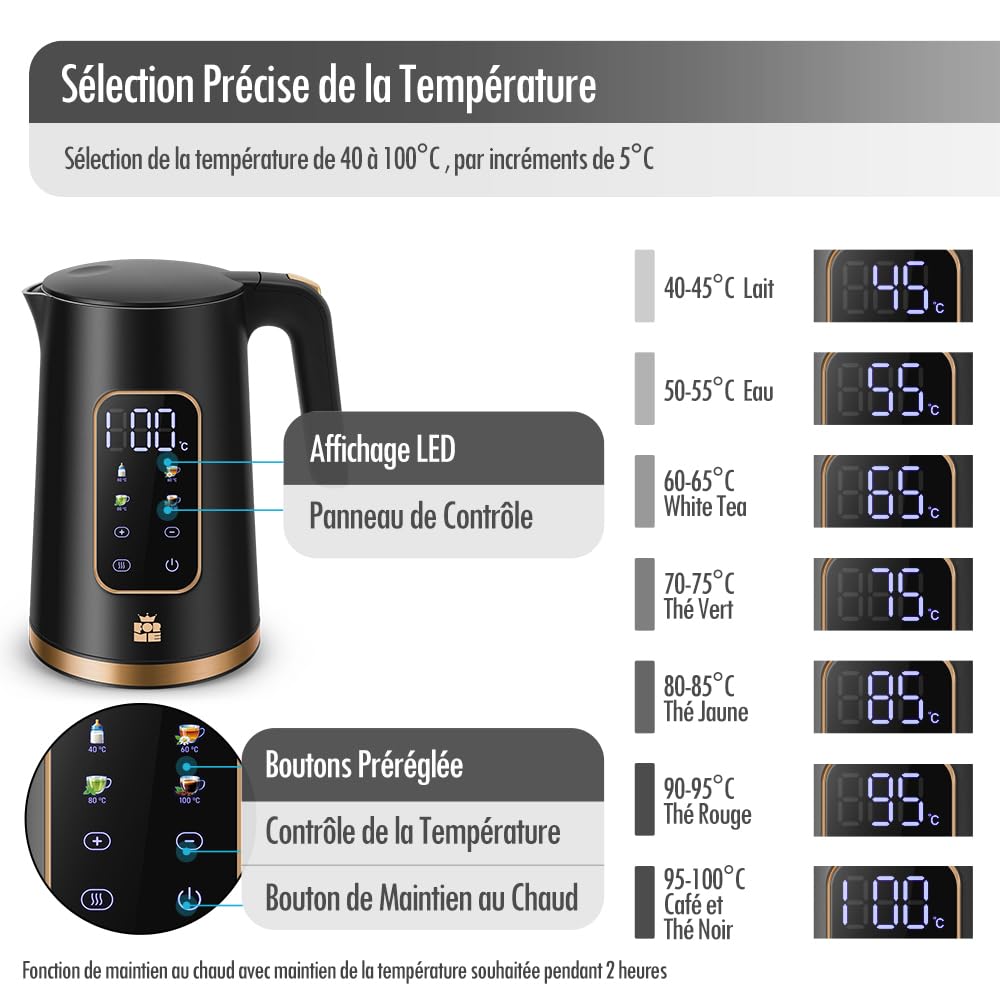 ForMe Bouilloire Electrique Inox 1,7L Contrôle de Température Réglable 40-100°C LED Affichage Maintien au Chaud