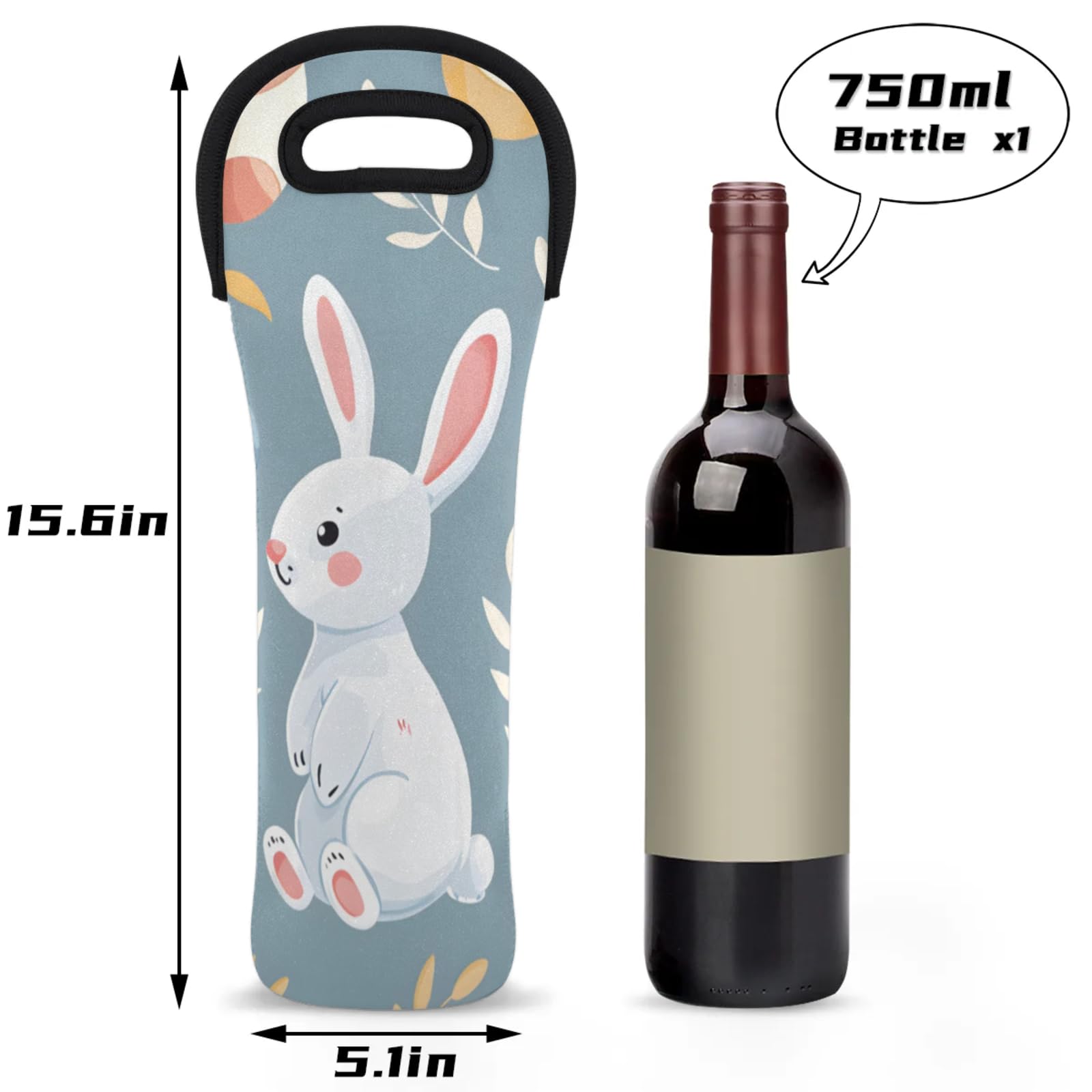 Neoprene Wine Tote Carrier Bag for Wine,Water, Champagne, Beer, Baby Bottles 15.6 x 5.1 Inches, Protective Wine Bag,Easter Day Rabbits