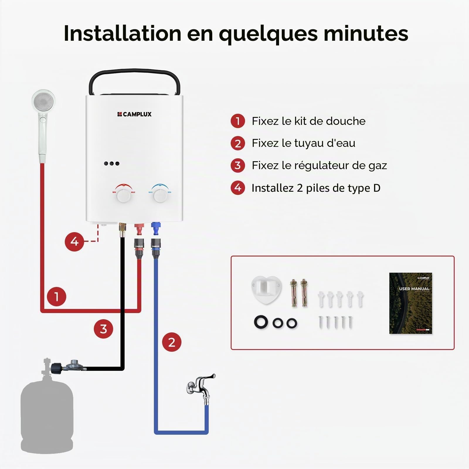 CAMPLUX AY132 Chauffe-eau à Gaz à 5 Litres Portatif, Instantané Extérieur Chauffe Bain à Gaz, Propane ou Butane, 10kW