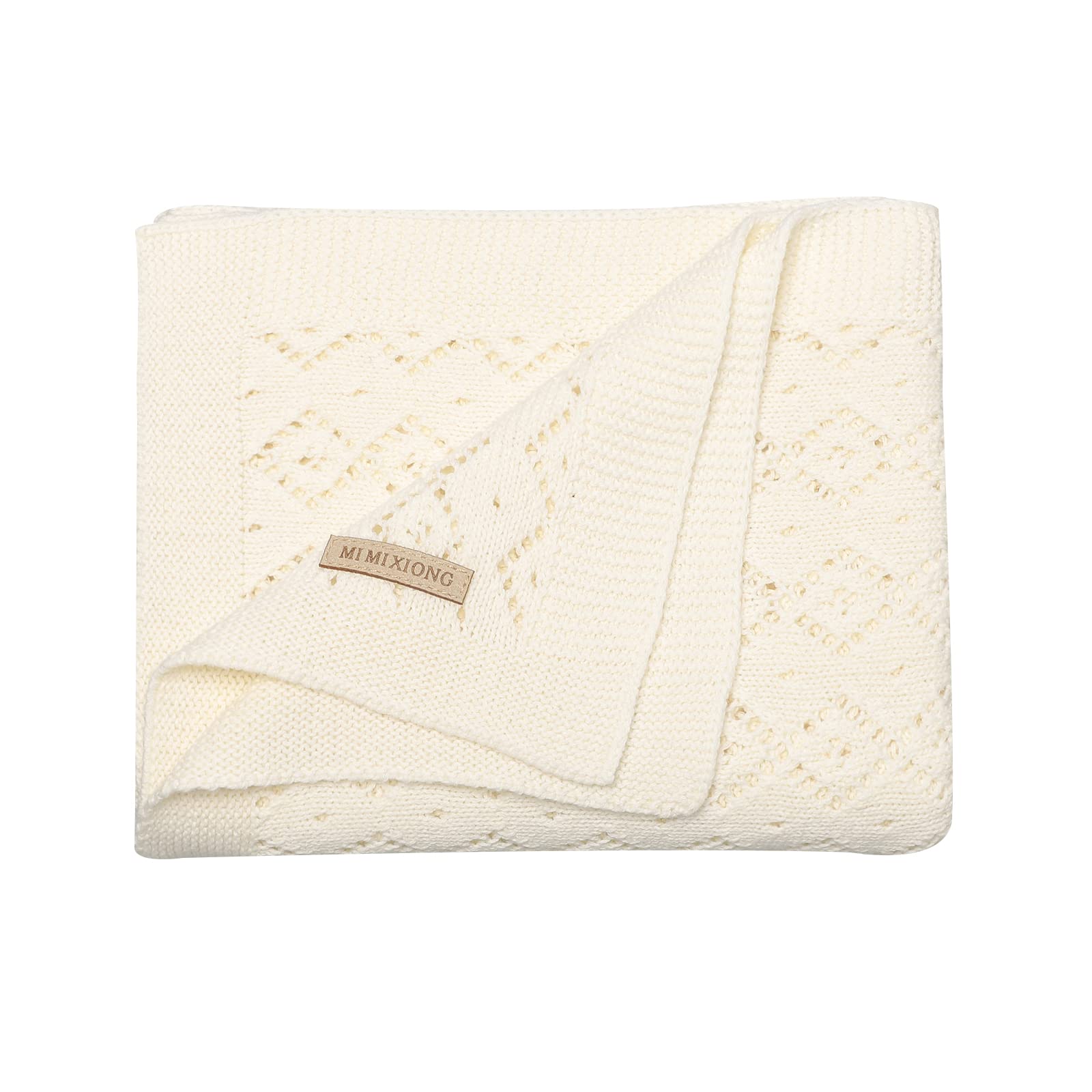 mimixiong Baby Blanket, 100% Cotton Soft Knit 90x70cm Cellular Baby Blanket for Newborn Boy Girls, Ivory
