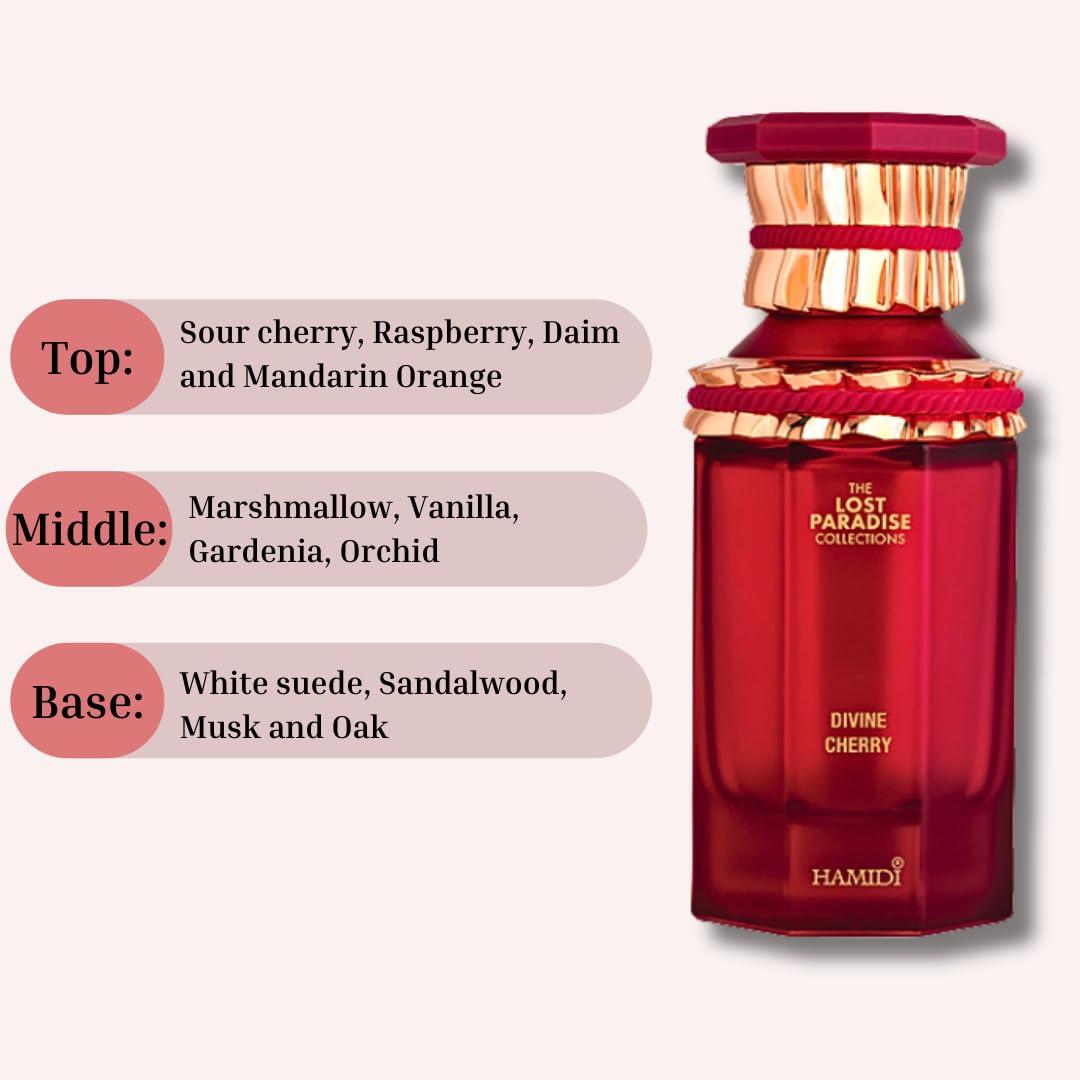 Hamidi DIVINE CHERRY EDP Spray 100 ml (96.4 g) Rozkoszuj się słodyczą tego czarującego zapachu, perfumy dla mężczyzn, perfumy dla kobiet.