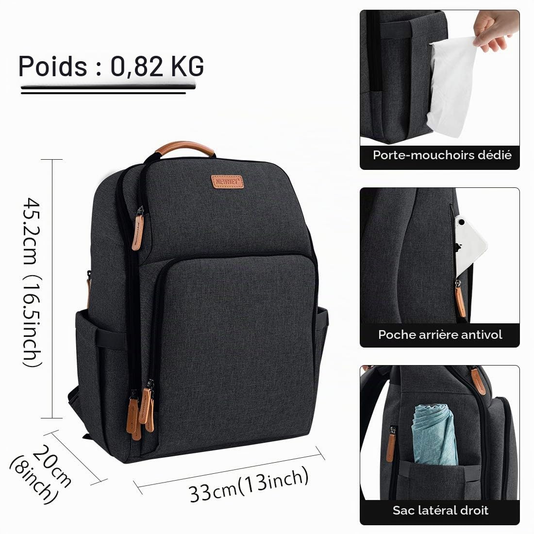 NEWHEY Sacs à Dos à Langer pour Bébé Imperméable Grand Capacité Sac de Voyage Multifonction Sac à Dos vec 2 Sangles de Poussette pour Maman Papa