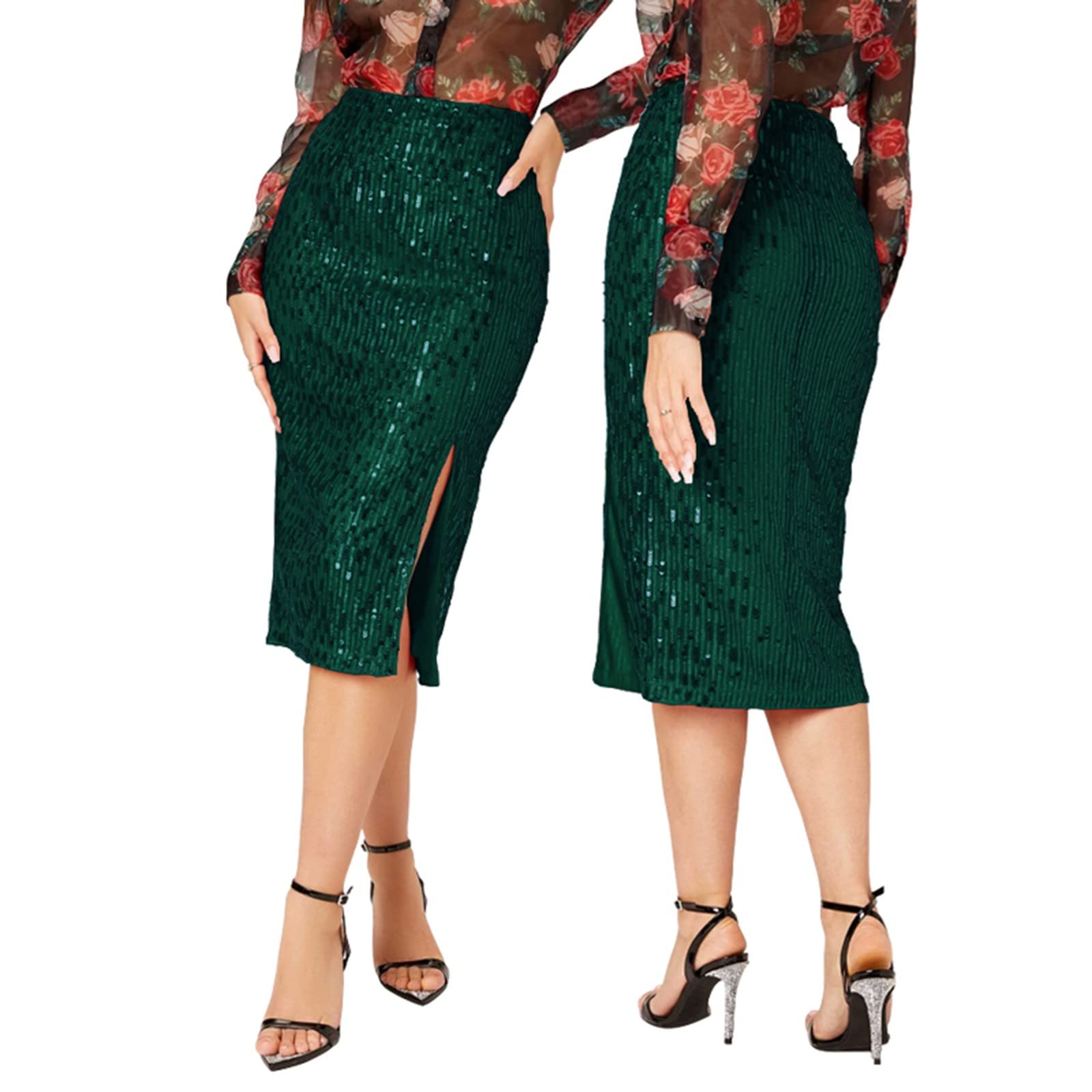 Sexy Pailletten Rock Damen mit Schlitz - Glitzer Rock Damen Midi Röcke High Waist Stretch Figurbetont Wickelrock Curvy Taillierter Paillettenrock Elegant Glitzerrock Frauen Midirock
