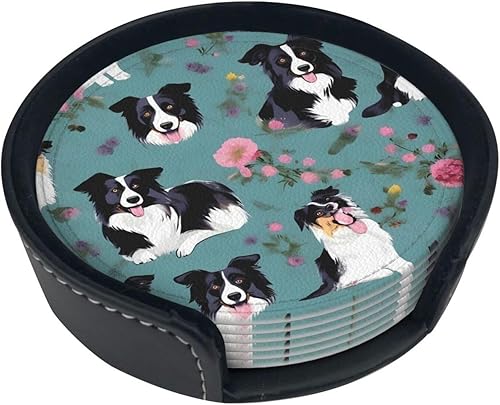 Border Collie - Posavasos de cuero con estampado floral para bebidas, redondo, adecuado para tipos de tazas, juego de 6 unidades, decoraciĂłn del Border Collie - Posavasos de cuero con estampado floral para bebidas, redondo, adecuado para tipos de tazas, juego de 6 unidades, decoraciĂłn del