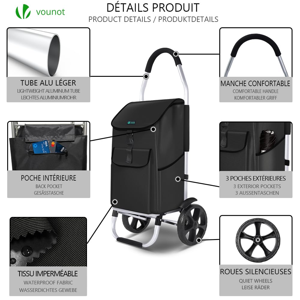 VOUNOT® Chariot de Courses 2 Roues en Aluminium avec Compartiment Impermeable Caddie de Courses Pliable 2 en 1 Sac Chariot Noir 58L