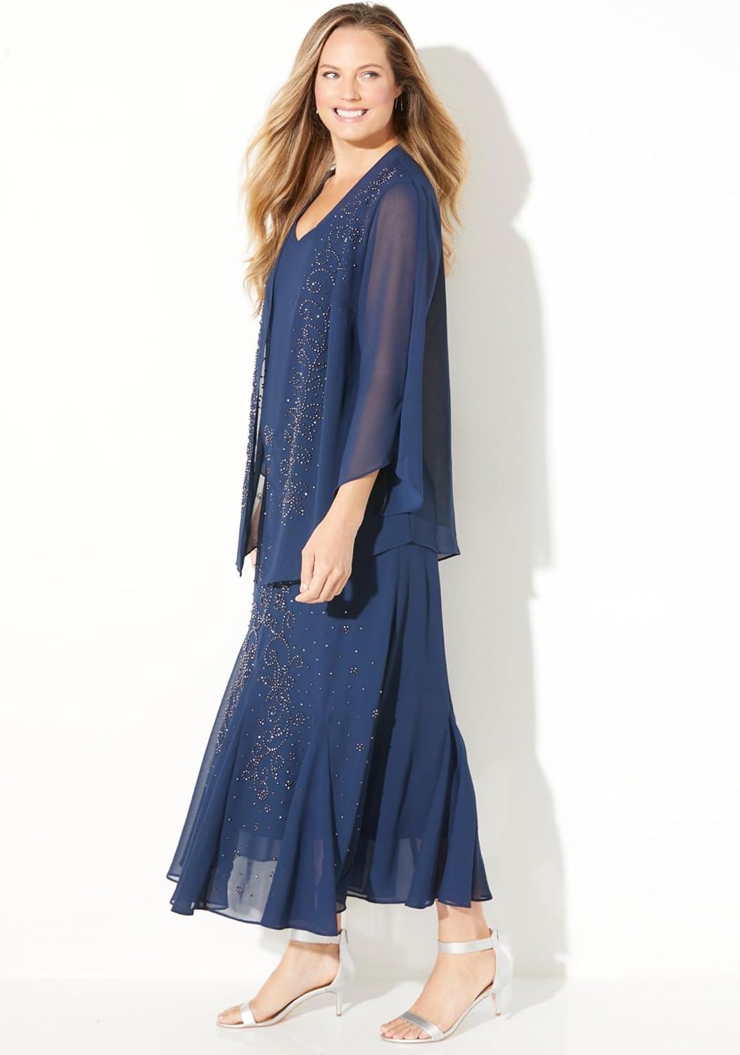 Women's Plus Size Masquerade Beaded Dress Set with Jacket (Petite Available) - 24 WP, Mariner Navy
