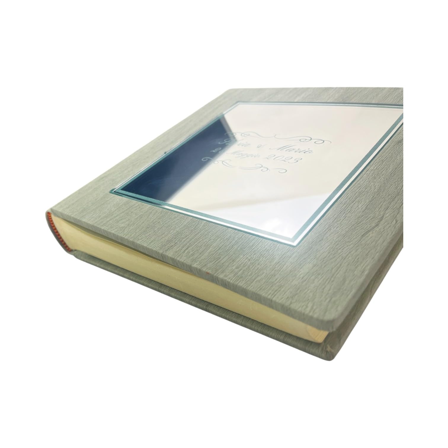 Album fotografico -Giove Mirror- in ecopelle effetto legno con riquadro Plex Specchio leserato e colorato personalizzabile, classico con velina, Nozze Comunione Anniversario Matrimonio (Verde Acqua)