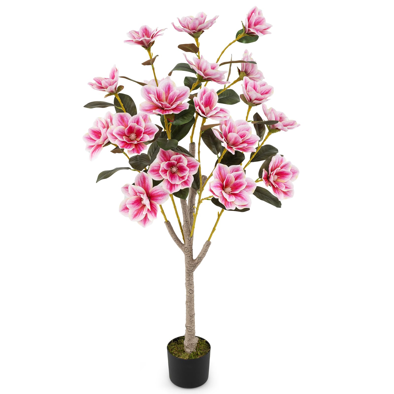 GIANTEX Árbol de Magnolia Artificial 130 cm, Planta Falsa en Maceta con Troncos de Múltiples Ramas y Hojas de PEVA, Flores Sintéticos Rosas, Planta Decorativa para Entrada, Salón, Oficina