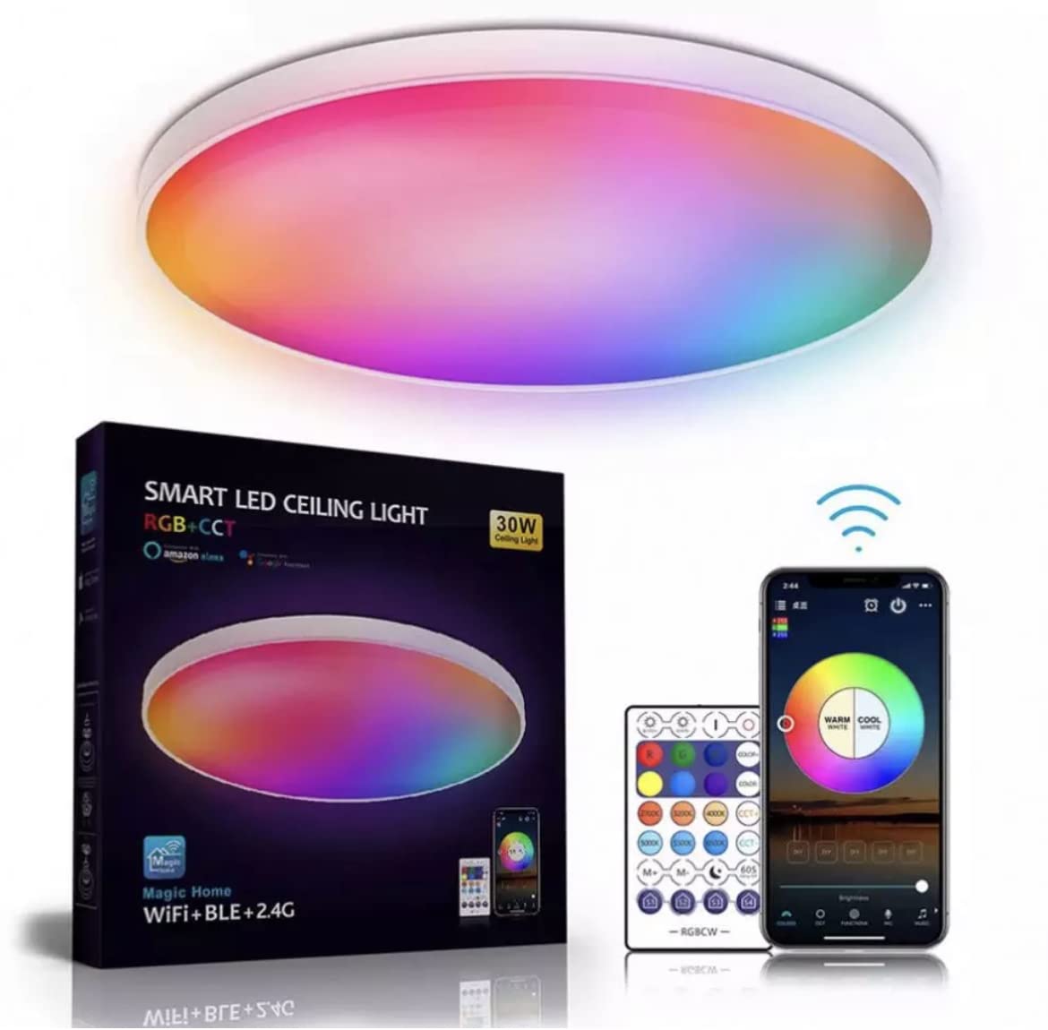 BEL AIR HOME - Lámpara Plafón RGB LED de 30W - Control de APP Compatible con Amazon Alexa y Google Assistant - Diámetro 30cm.