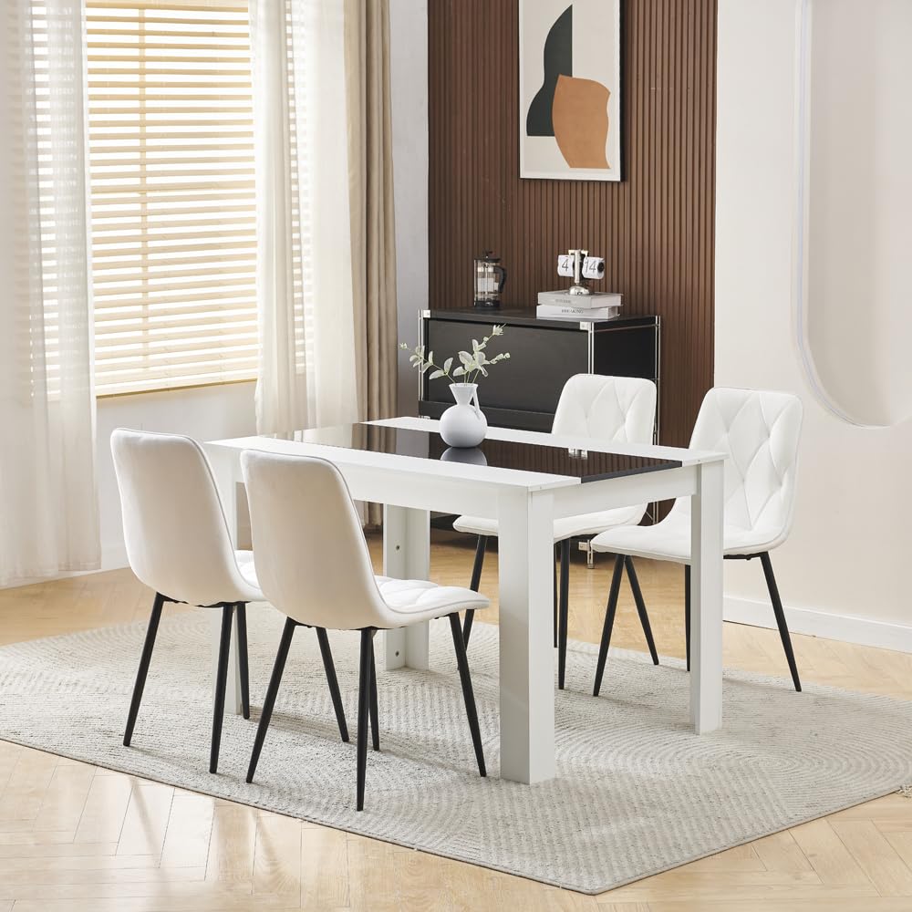 Rainbow Tree 120cm Large Dining Table Set of 4, Modern Dining Table with 4 White Accent Velvet Dining Chairs for Dining Room, Kitchen Set for Family Wooden