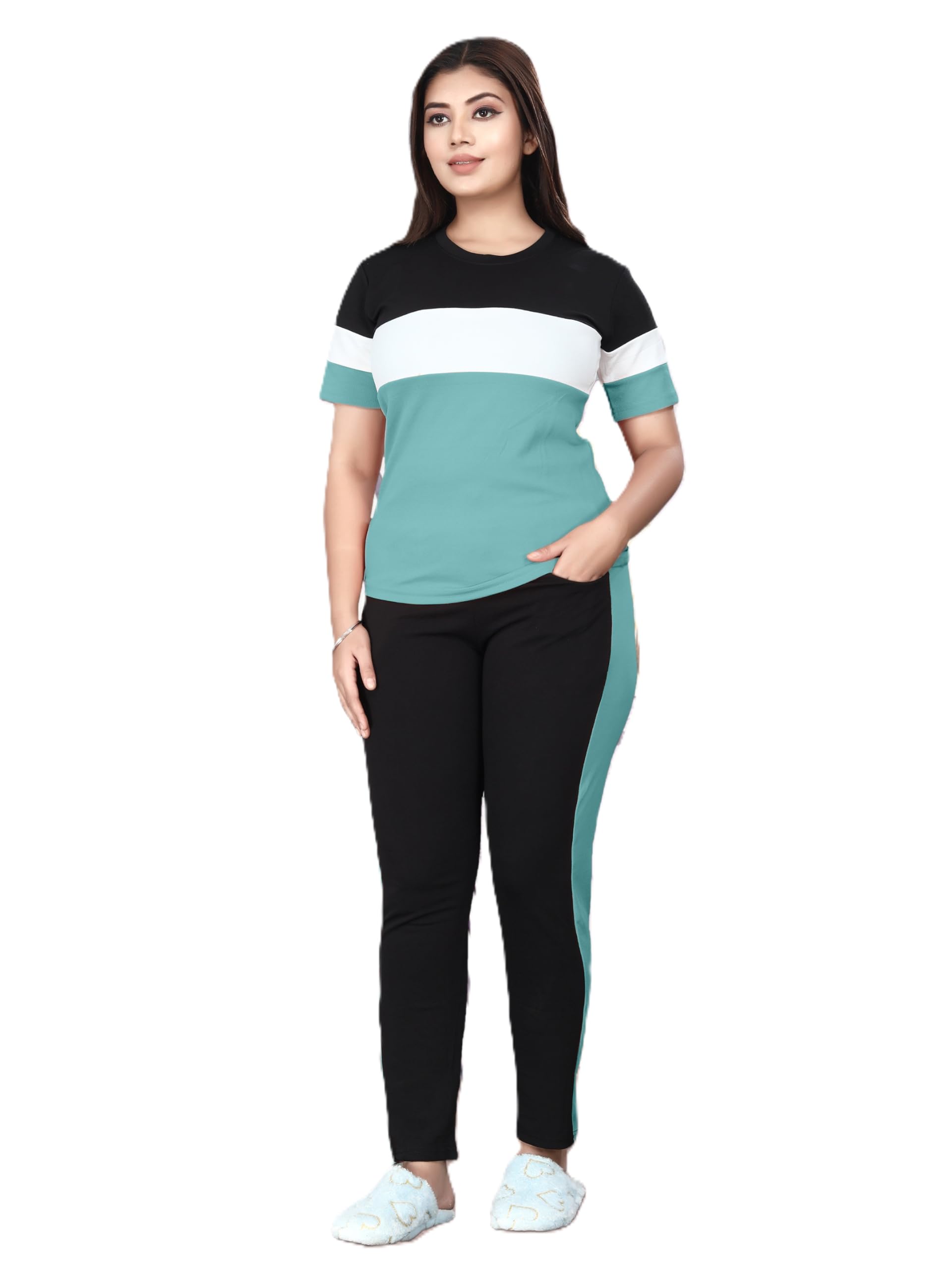 Cotton Blend Tracksuits for Women Half Sleeves Round Neck Woman Workout T-shirt & Pant for Sports Comfortable and Breathable Gym Wear for Womens Tracksuit Set with Top & Bottom Pants