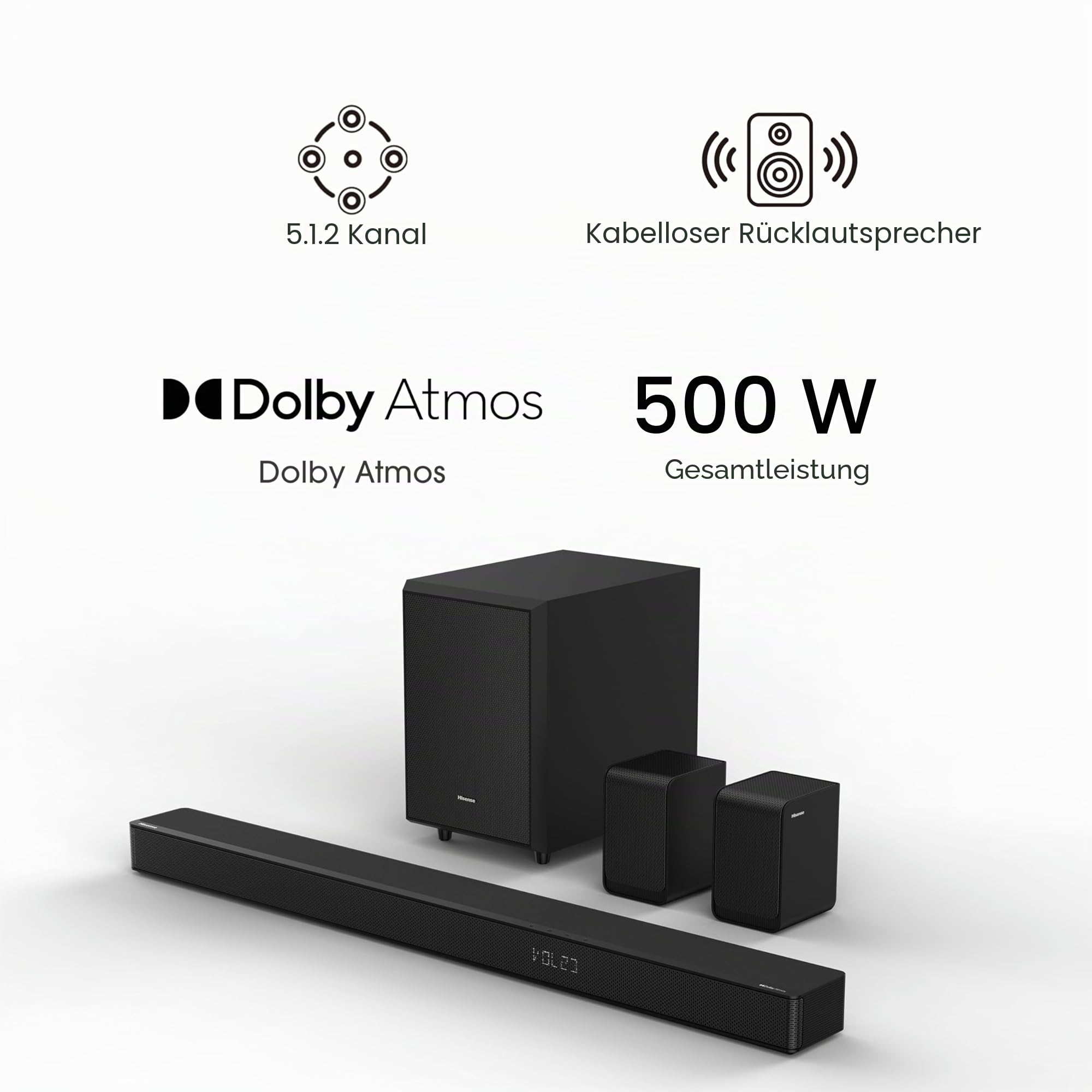 Hisense AX5125H 5.1.2 Soundbar mit kabellosem Subwoofer und Rücklautsprechern, 500W, Dolby Digital Plus, Dolby Atmos, Bluetooth, HDMI eARC/Optical/AUX/USB, Schwarz (2024)