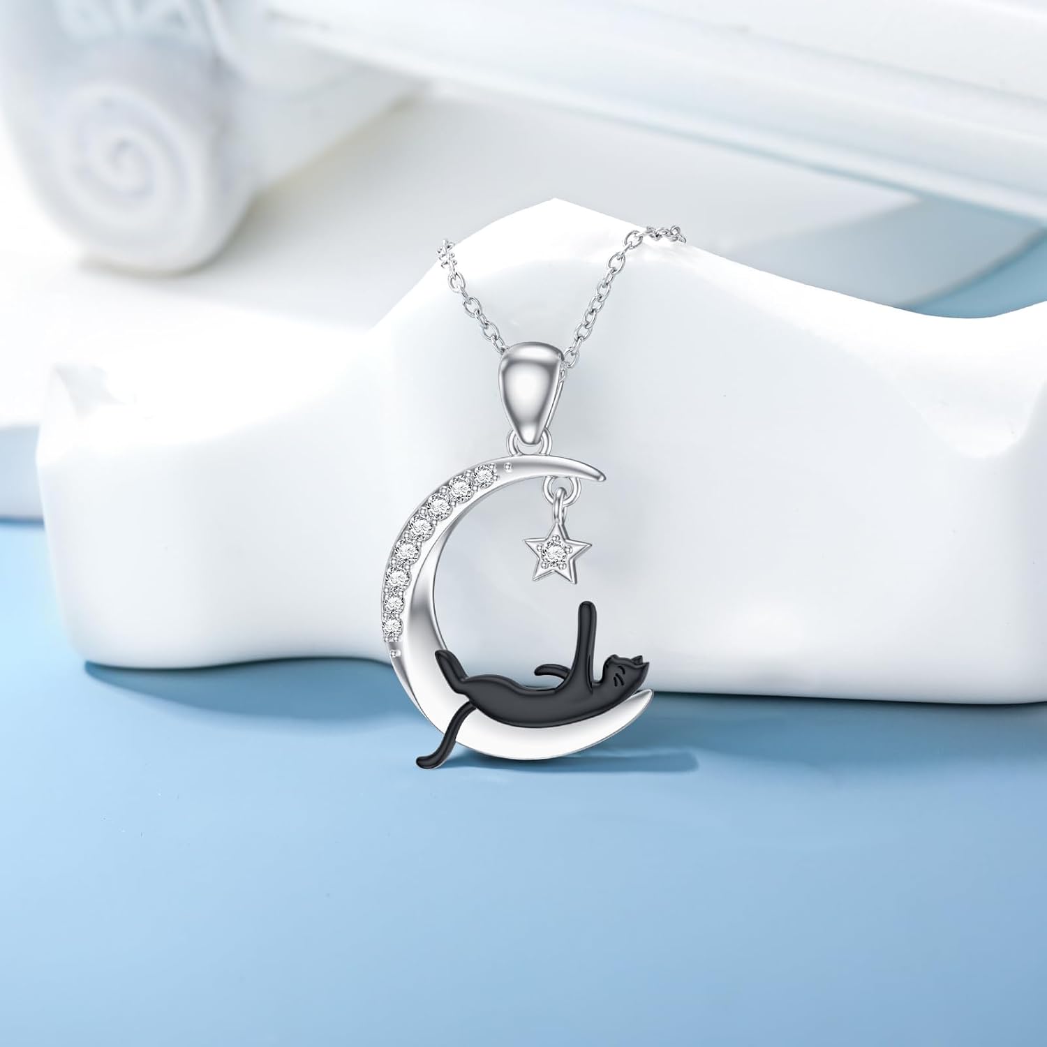Diamond Moon and Cat Necklace for Women 925 Sterling Silver Black Cat on the Moon Pendant with Lab Grown Diamonds Jewelry Gifts - Image 2