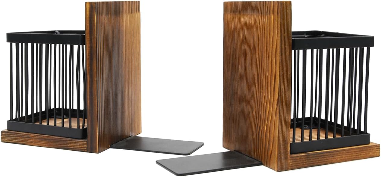 Owlgift Rustic Burnt Wood Decorative Bookends for Heavy Books with Matte Black Metal Wire Basket Pencil Holder and Office Supplies Storage Baskets Bins for Home, Office, Classroom, Dorm Room