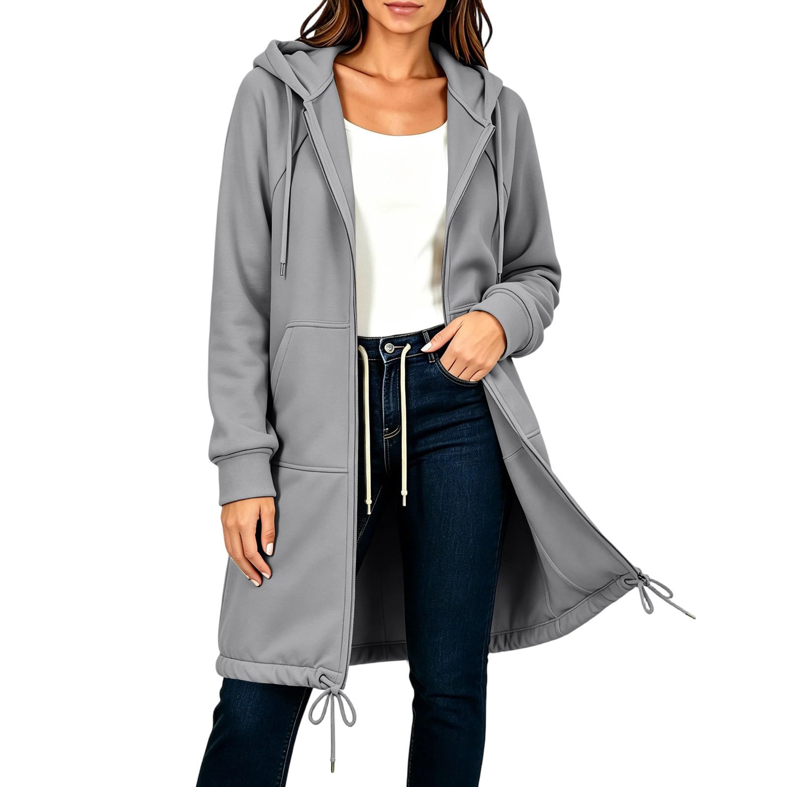 Generisch Sweatjacke Damen Lang Mit Kapuze Hoodie Reißverschluss Elegant Sweatshirt Retro Hoody Leicht Jackenfrühling Freizeit Einfarbig Jacke Mit Taschen Komfort Jacket Mode Kleidung