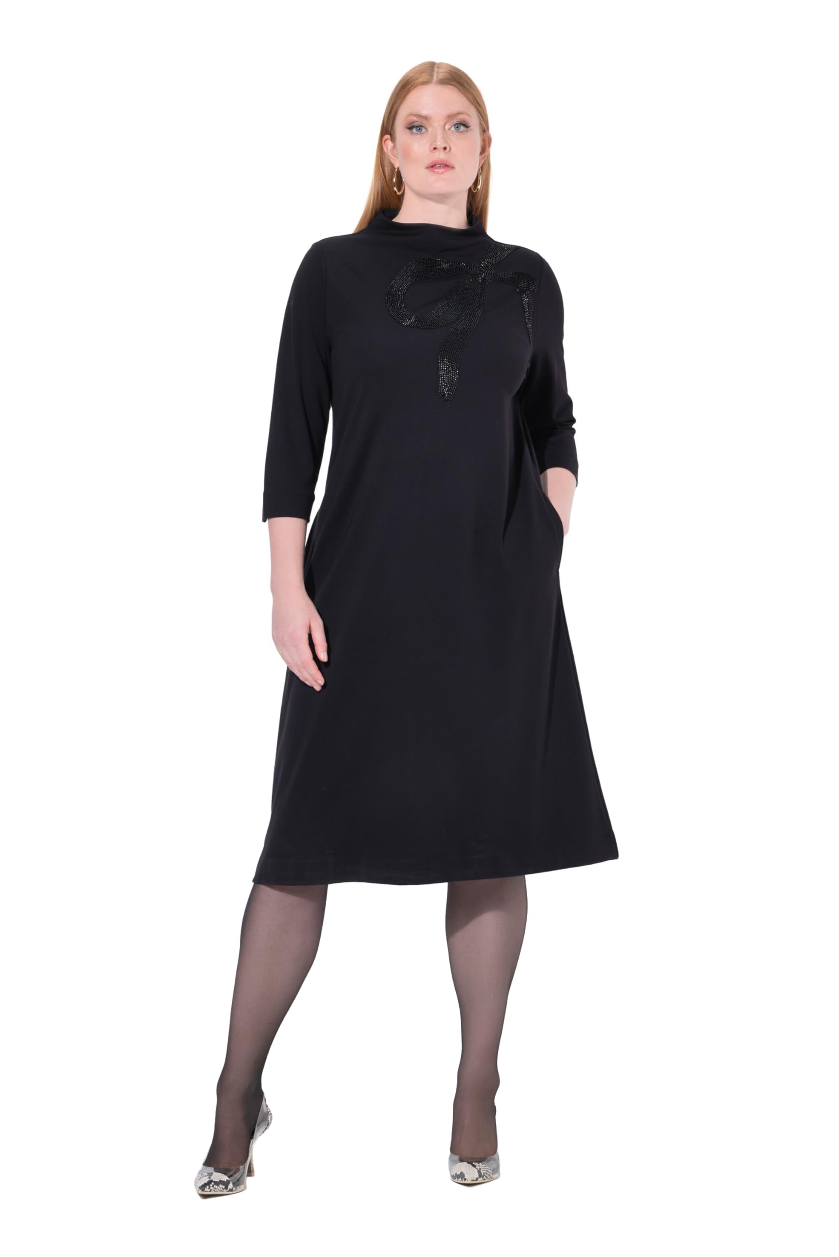 Ulla Popken Damen große Größen Übergrößen Plus Size Punto-Midikleid, Perlen, A-Linie, Stehkragen, 3/4-Arm 843444