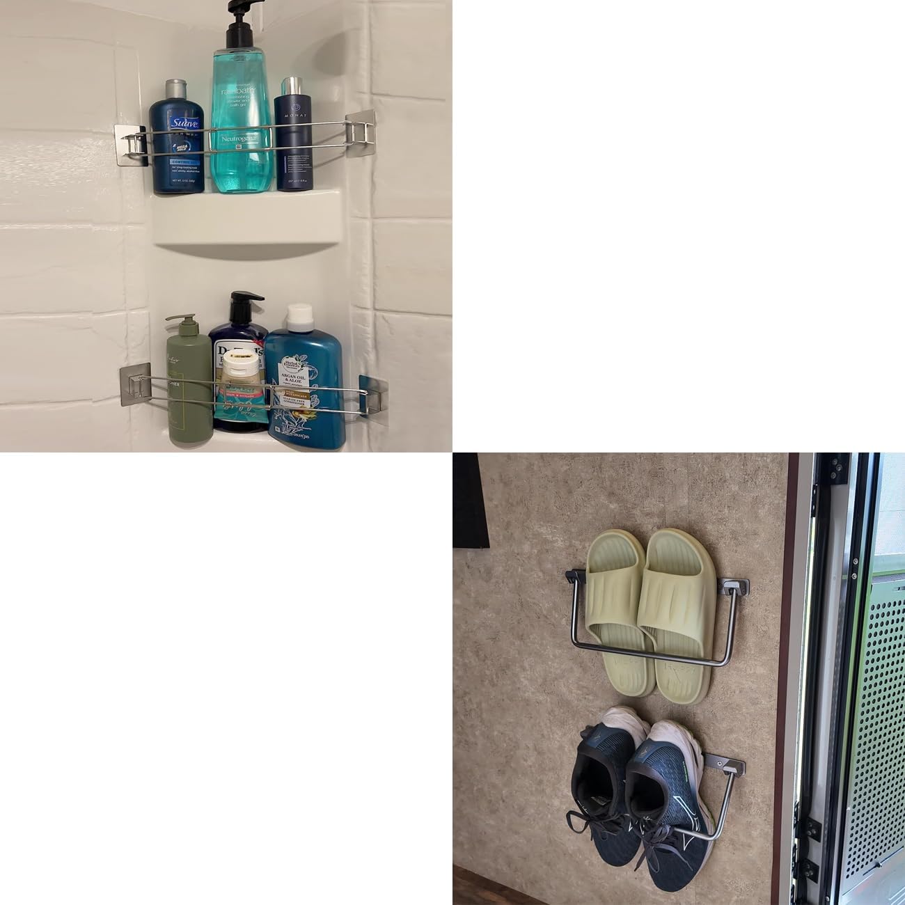 RV Shower Corner Storage Bar- Adjustable Stainless Steel Rod for Corner Shelves in Camper+Foldable RV Shoe Rack- Aluminum Camper Shoe Organizer
