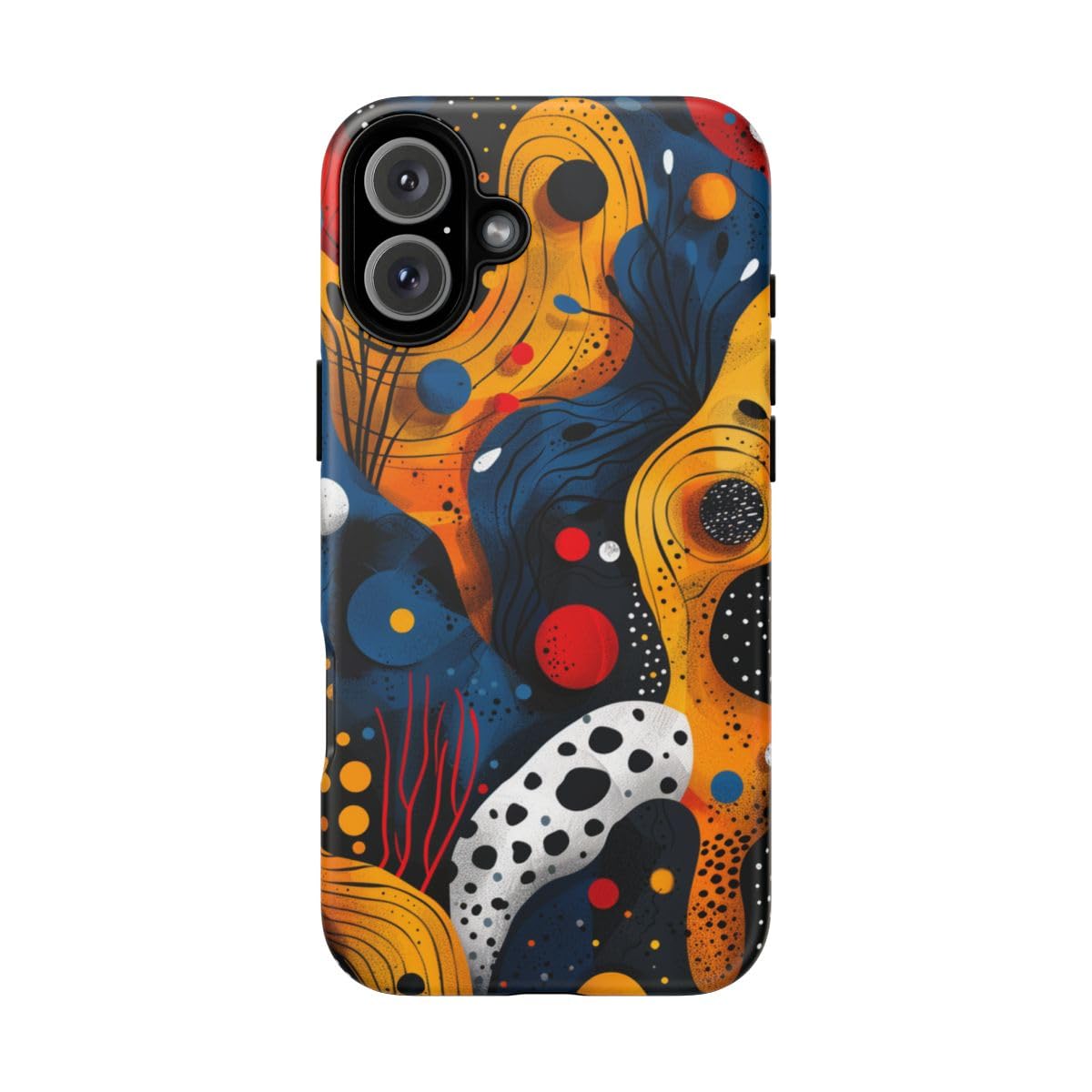 Coque iPhone 16 Plus jaune rigide mate antichoc formes abstraites