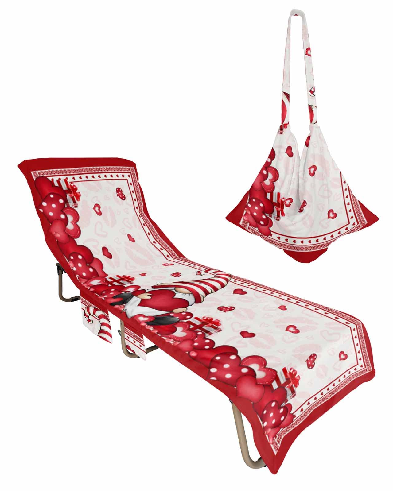 Valentine's Day Beach Chair Towel Covers for Chaise Lounge with Side Pocket, Soft Plush Pool Towels Cover for Patio Sunbathing Outdoor 29''x85'' Valentine Love Gnomes Heart Holiday
