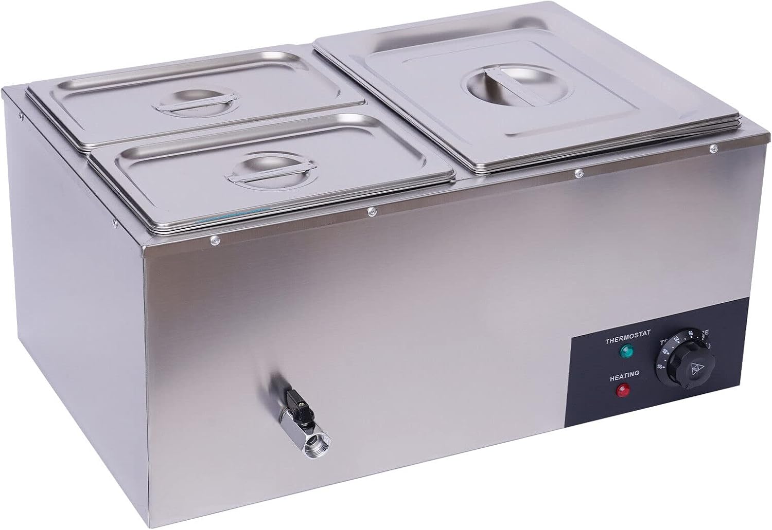 3-Pan Commercial Steam Table, Electric Bain Marie Food Warmer 600W Stainless Steel Countertop Buffet Food Warmer Container 21.6Qt with Lid and Tap for Catering, Restaurant, Buffets