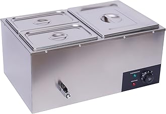 3-Pan Commercial Steam Table, Electric Bain Marie Food Warmer 600W Stainless Steel Countertop Buffet Food Warmer Container 21.6Qt with Lid and Tap for Catering, Restaurant, Buffets