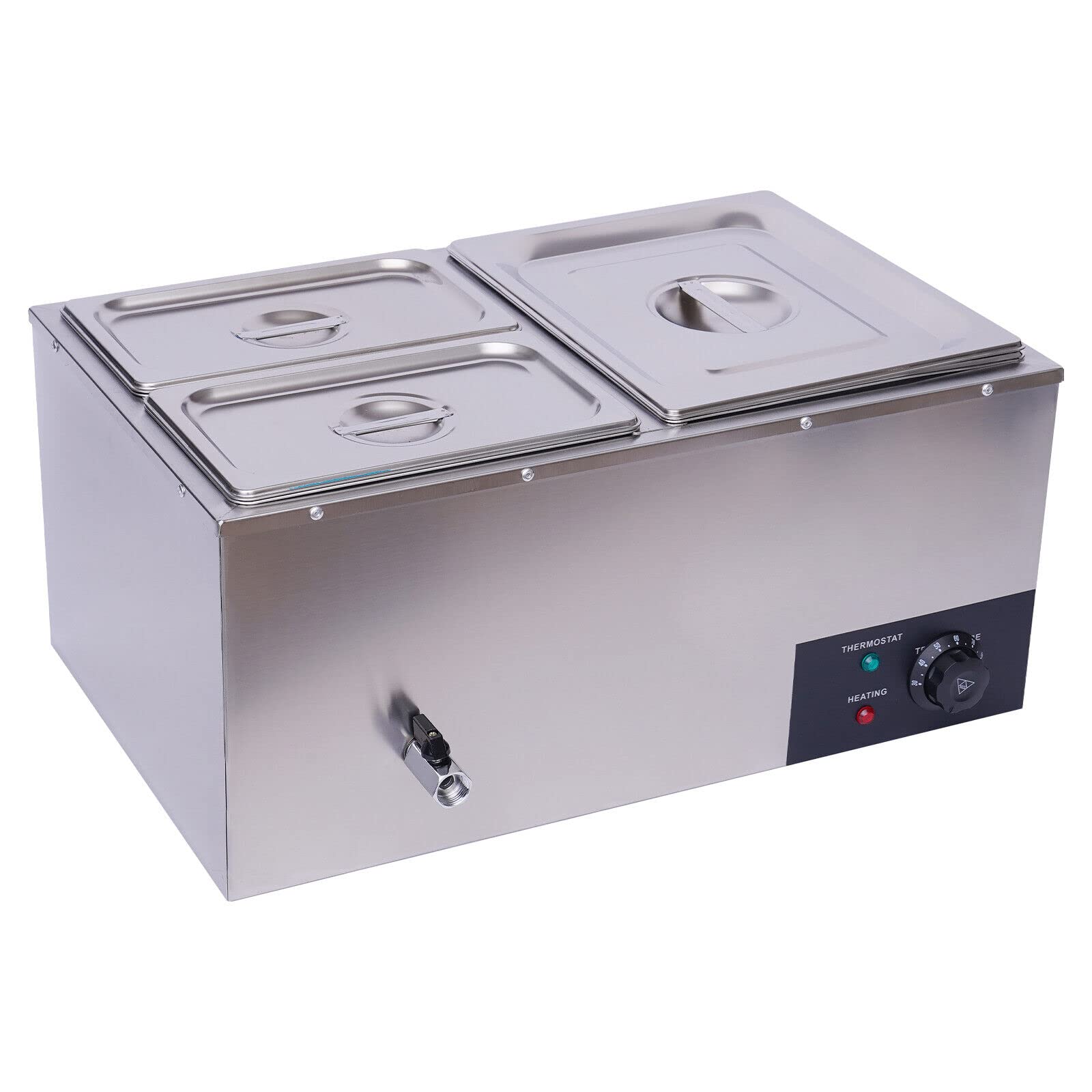 3-Pan Commercial Steam Table, Electric Bain Marie Food Warmer 600W Stainless Steel Countertop Buffet Food Warmer Container 21.6Qt with Lid and Tap for Catering, Restaurant, Buffets