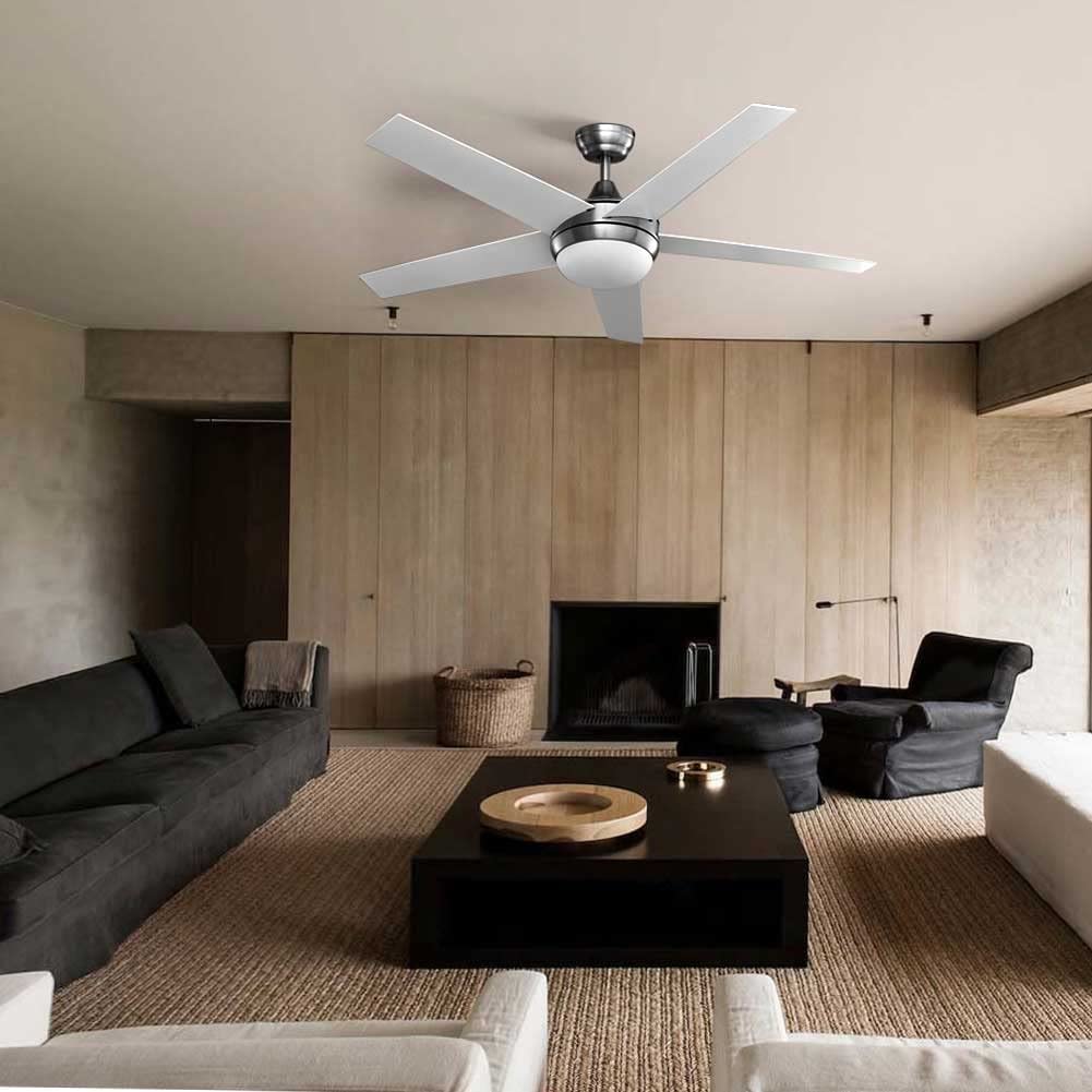 BAKAJI Ventilatore Lampadario da Soffitto 5 Pale in Legno con Lampada Plafoniera 60 LED 20W in Vetro 3 Velocità Funzione Timer Luce Cambio Colore e Telecomando Diametro 132cm Bianco Silver