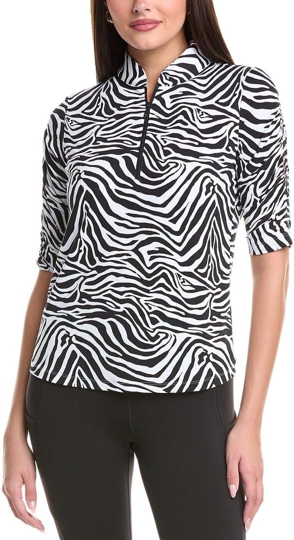 IBKUL Athleisure Wear Sun Protective UPF 50+ Icefil Cooling Cecilia Print Ruched Elbow Sleeve Top - 41932