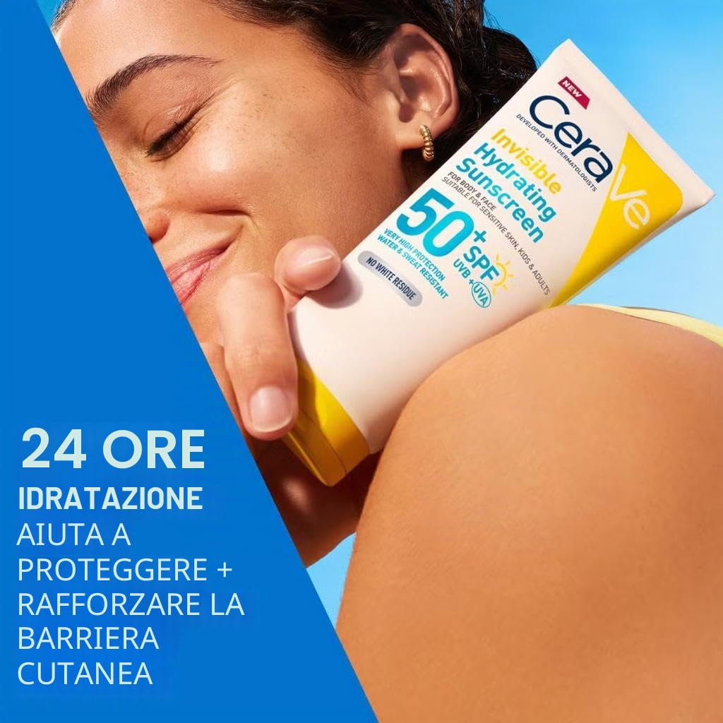 CeraVe Protezione Solare Idratante Invisibile SPF50+, Per Tutte le Tipologie di Pelle, Protezione Molto Alta, Idratazione 24 ore, Texture Leggera e Invisibile sulla Pelle, 177ml