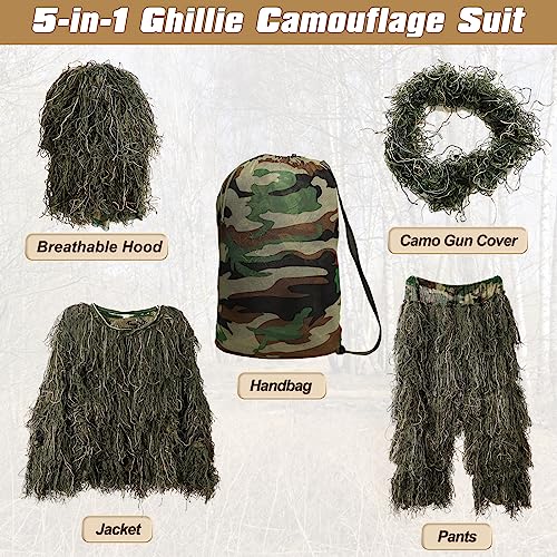 DoCred 5 in 1 Ghillie Suit, 3D Camouflage Hunting Apparel w/Jacket, Pants, Hood, Carry Bag for Adults/Youth, S/M/L/XL/XXL - Image 6
