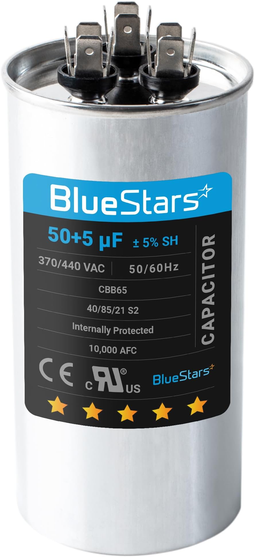 [UL Certified] BlueStars 50+5 MFD 50/5 uF 370 or 440 Volt VAC Dual Run Start Round AC Capacitor Replacement Part - Fit for Condenser Straight Cool Heat Pump Air Conditioner, Replaces 97F9850 97F9970