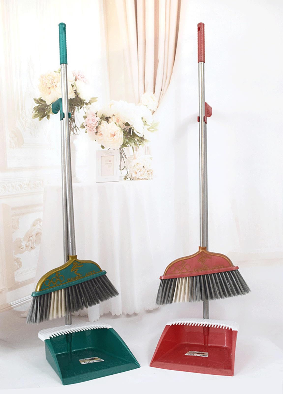 NIBHZ Juego de Escoba y Recogedor para El Hogar, Cocina, Habitación, Oficina, Vestíbulo, Suelo, Uso Vertical, Escoba de Pie con Combo de Recogedor,Green
