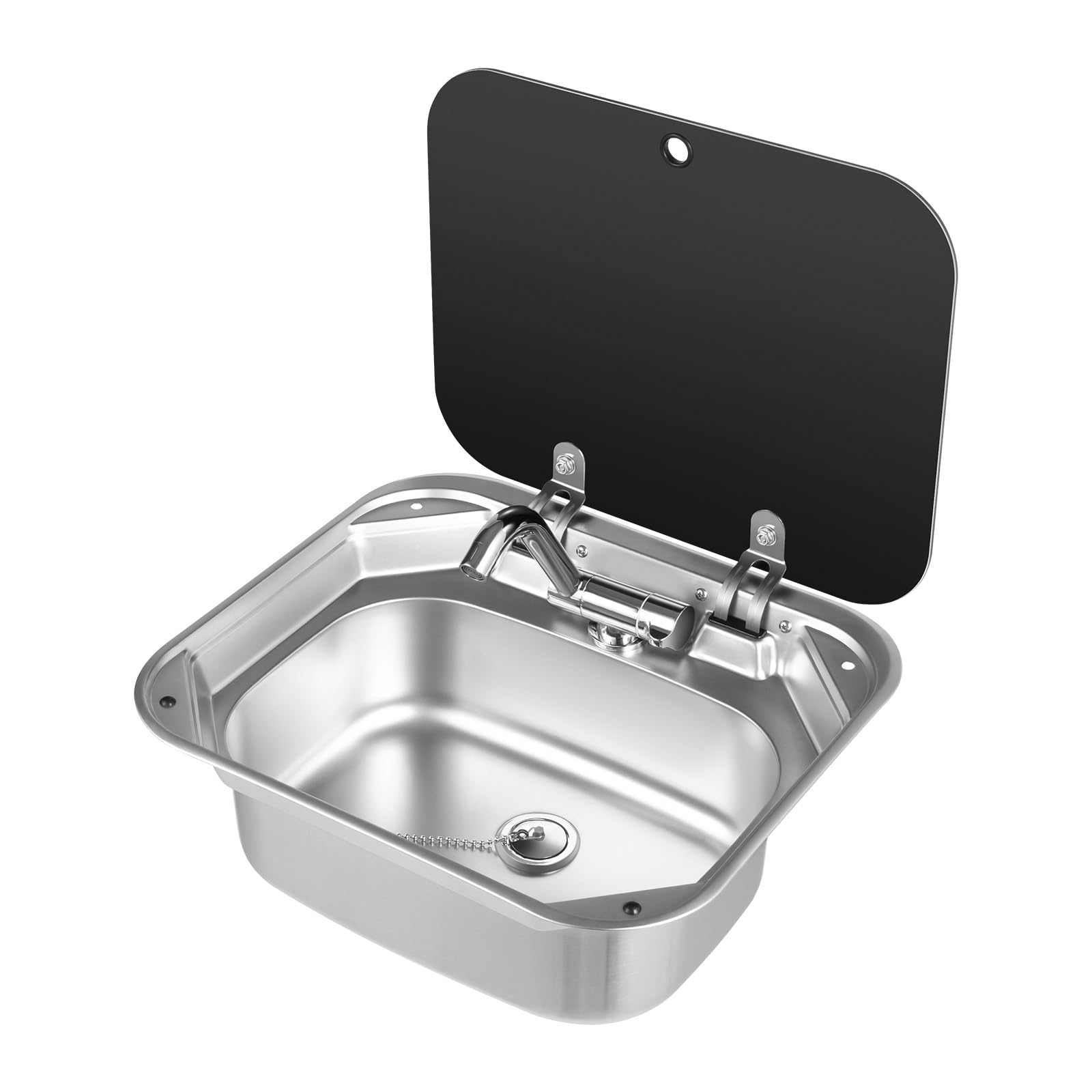 RV Sink, Stainless Steel Single Bowl Kitchen Sink with Lid and Faucet, Undermount Hand Wash Basin with Tempered Glass Cover for Camper Trailer Caravan 16 x 14 x6 Inch, Type1